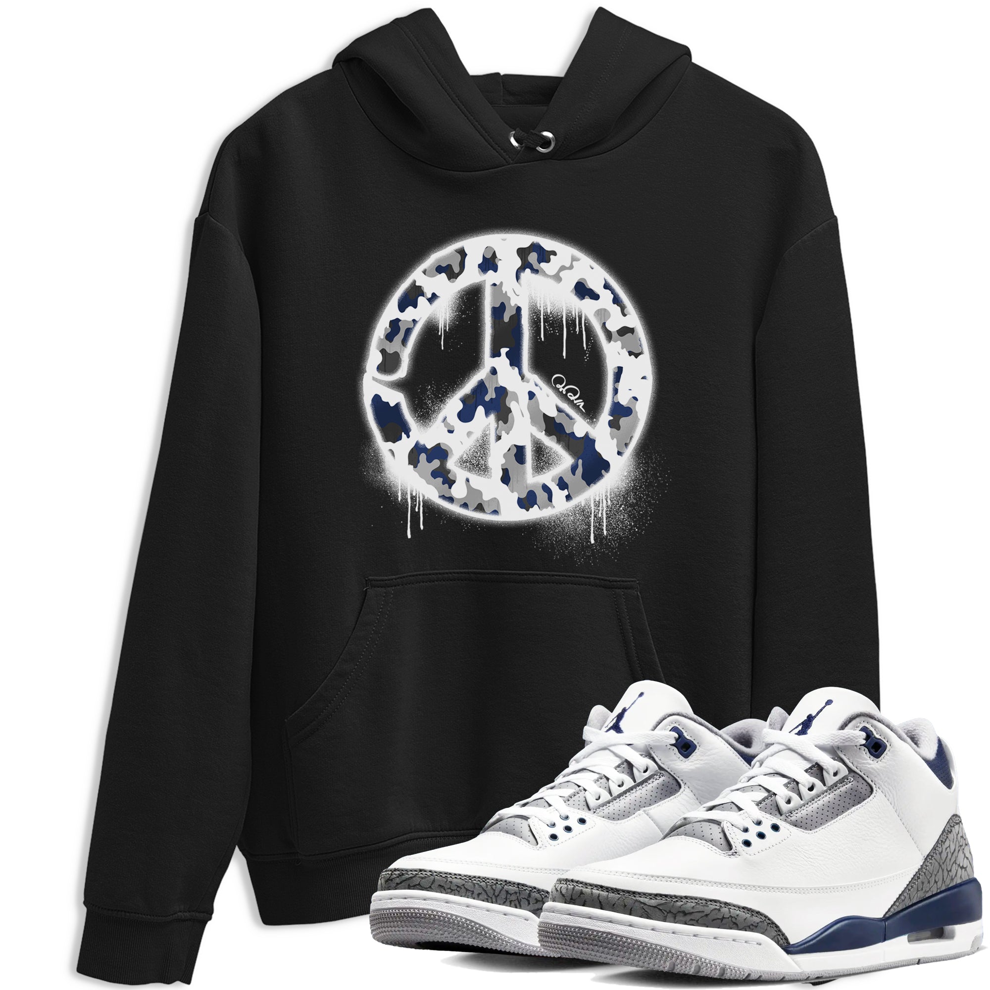 3s Midnight Navy shirt to match jordans Peace Sign sneaker match t-shirt AJ3 Midnight Navy Drip Gear Zone unisex cotton Black 1 Crew Neck T-Shirt
