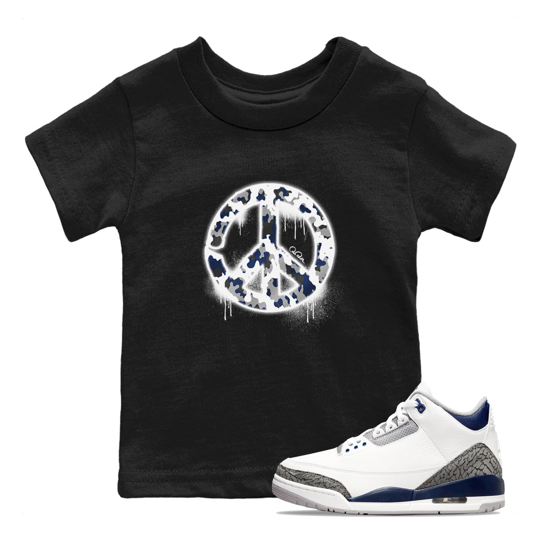3s Midnight Navy shirt to match jordans Peace Sign sneaker match t-shirt AJ3 Midnight Navy Drip Gear Zone baby toddler Black 1 Crew Neck T-Shirt