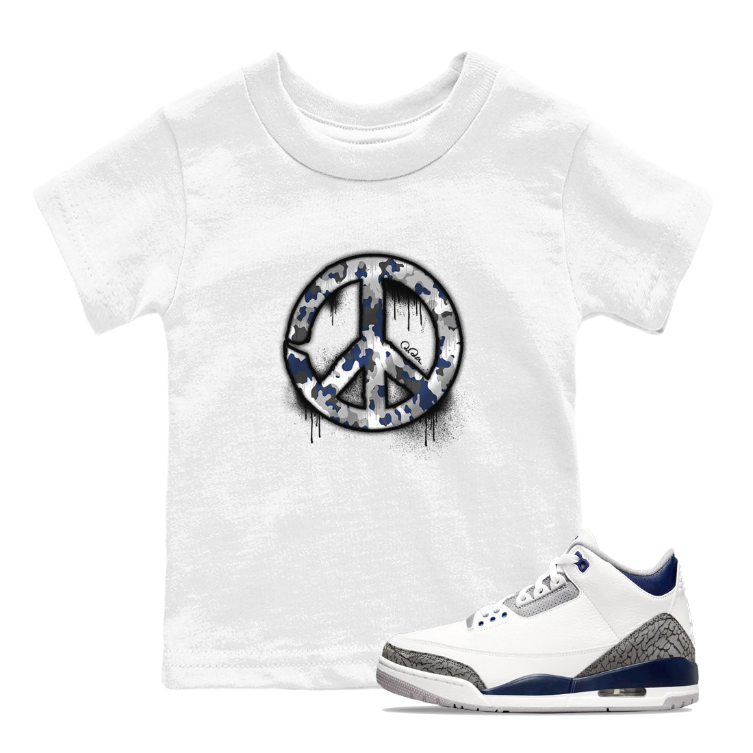 3s Midnight Navy shirt to match jordans Peace Sign sneaker match t-shirt AJ3 Midnight Navy Drip Gear Zone baby toddler White 1 Crew Neck T-Shirt