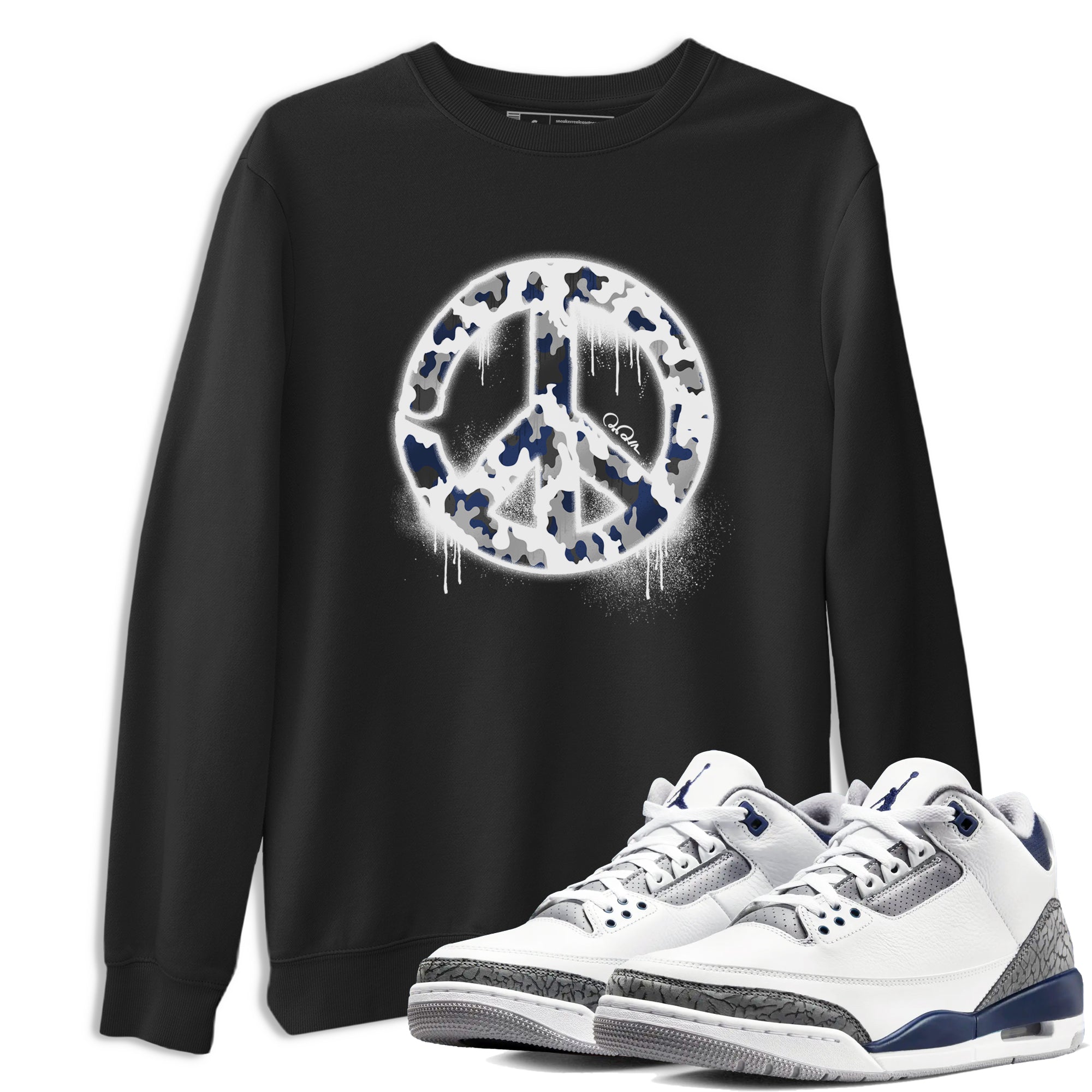 3s Midnight Navy shirt to match jordans Peace Sign sneaker match t-shirt AJ3 Midnight Navy Drip Gear Zone unisex cotton Black 1 Crew Neck T-Shirt