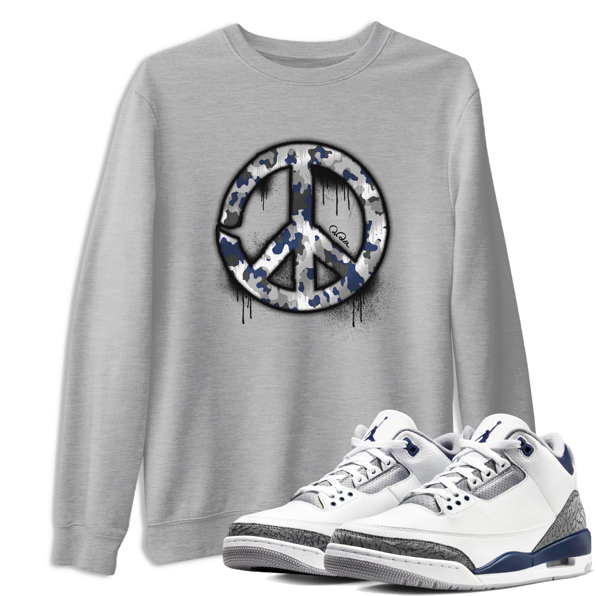 3s Midnight Navy shirt to match jordans Peace Sign sneaker match t-shirt AJ3 Midnight Navy Drip Gear Zone unisex cotton Heather Grey 1 Crew Neck T-Shirt