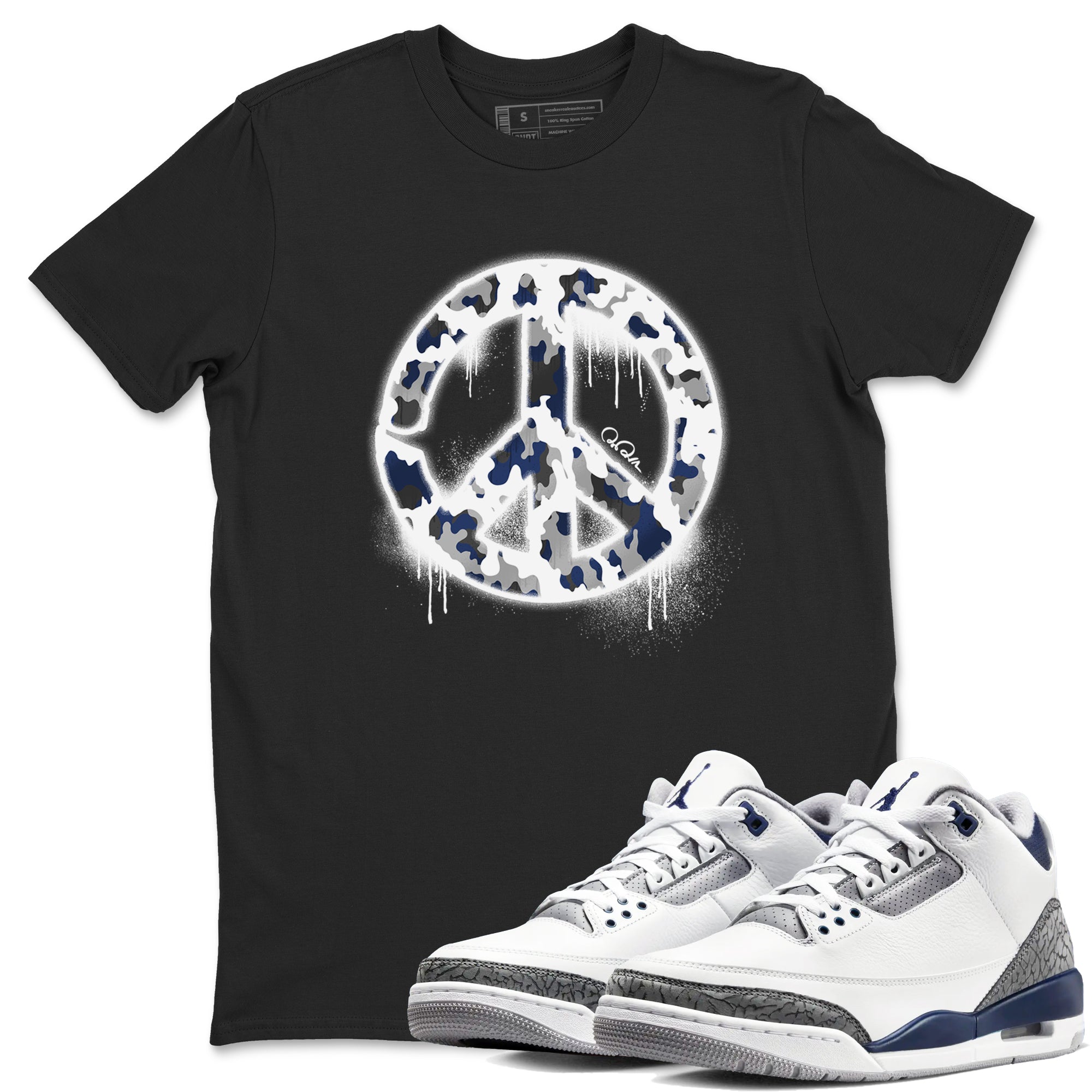 3s Midnight Navy shirt to match jordans Peace Sign sneaker match t-shirt AJ3 Midnight Navy Drip Gear Zone unisex cotton Black 1 Crew Neck T-Shirt
