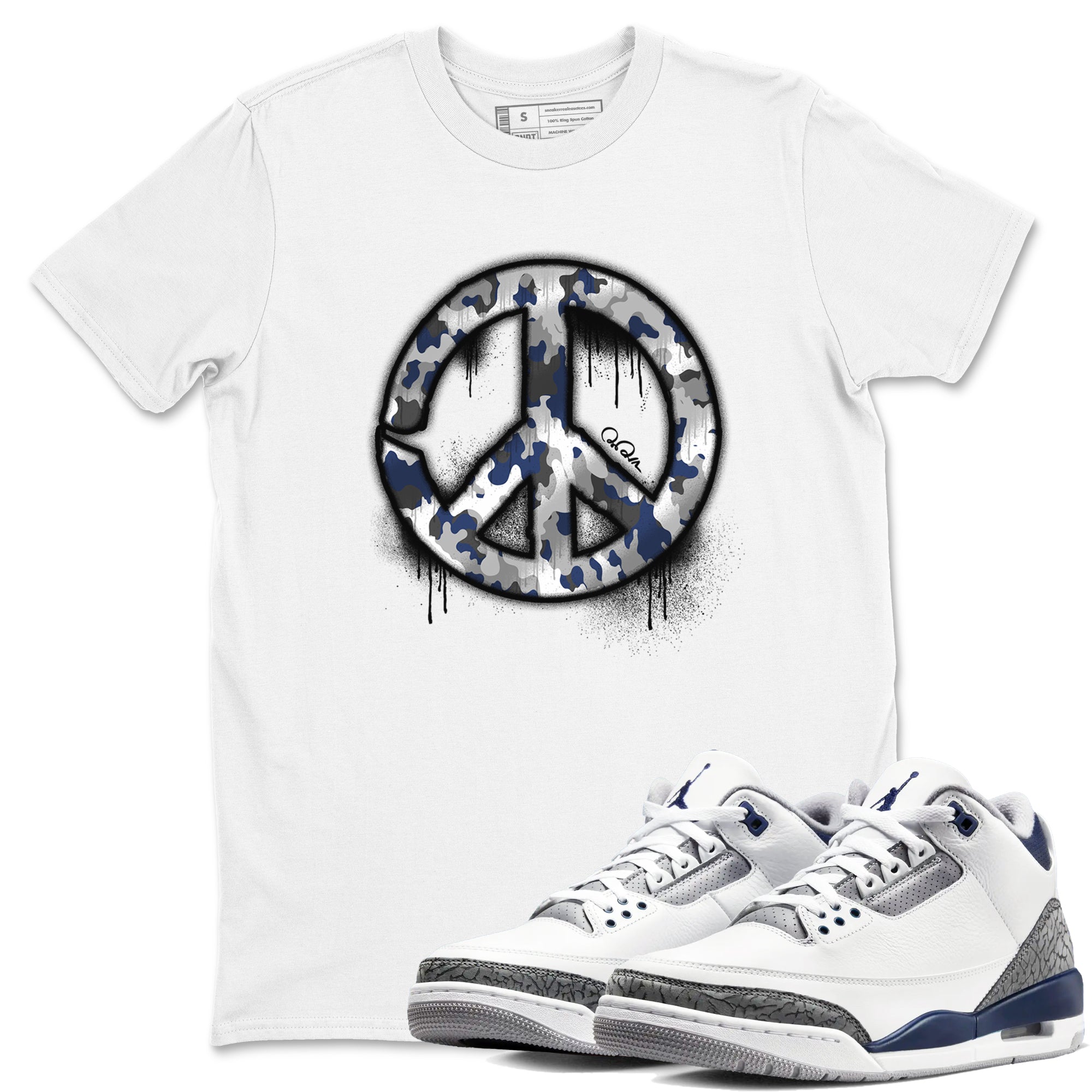 3s Midnight Navy shirt to match jordans Peace Sign sneaker match t-shirt AJ3 Midnight Navy Drip Gear Zone unisex cotton White 1 Crew Neck T-Shirt