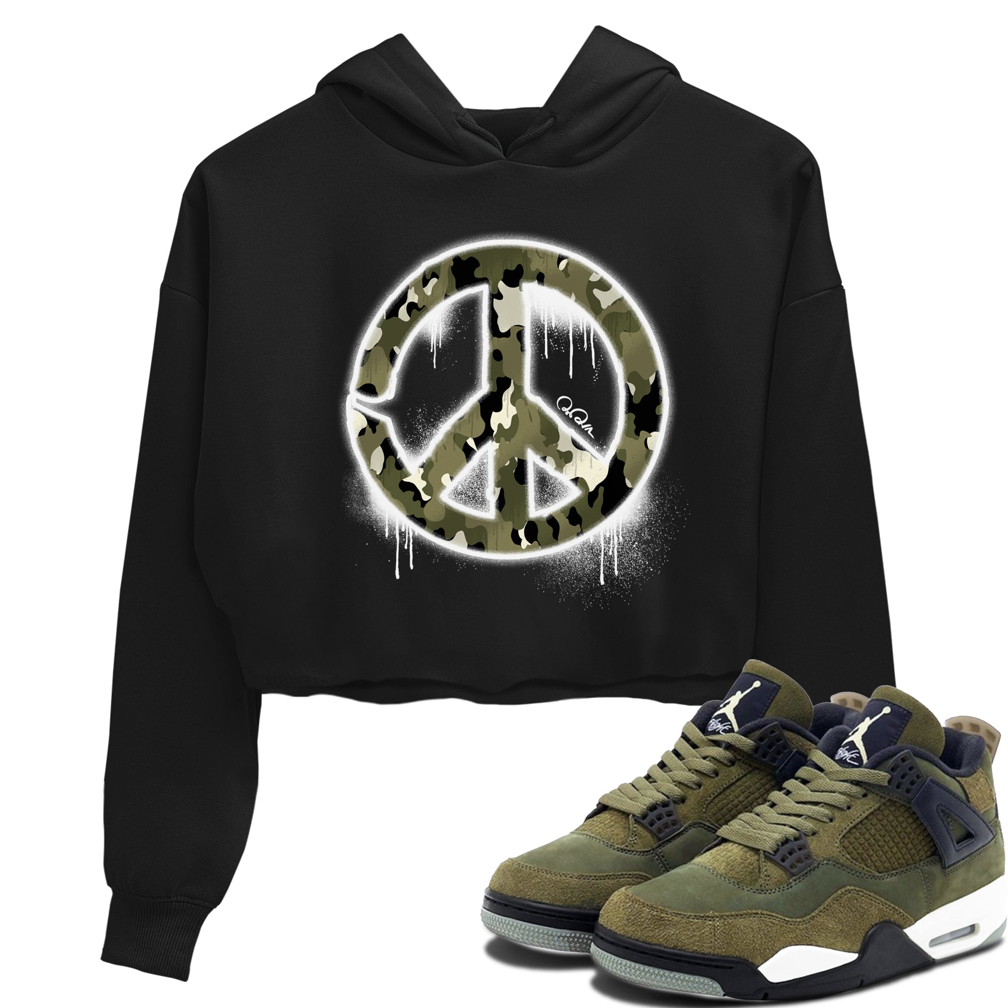 Air Jordan 4 Medium Olive shirt to match jordans streetwear brand Peace Sign sneaker tees AJ4 Medium Olive Drip Gear Zone Black 1 Crop T-Shirt
