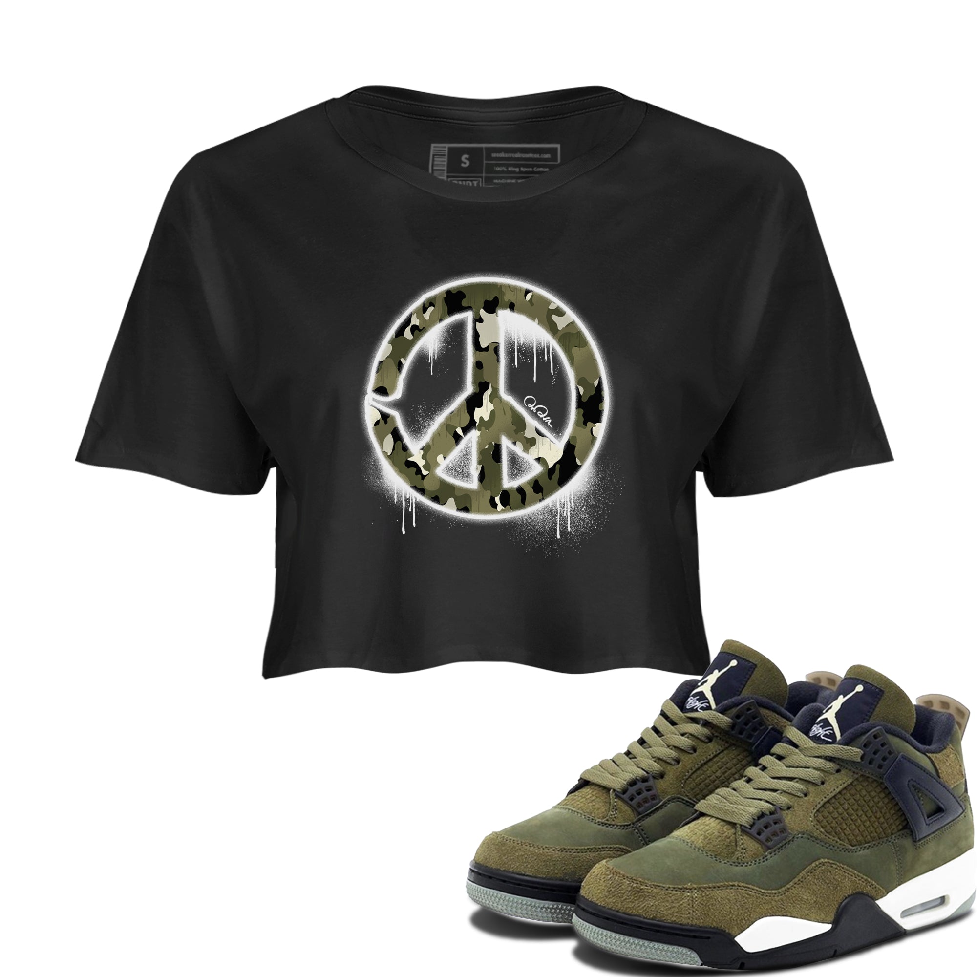 Air Jordan 4 Medium Olive shirt to match jordans streetwear brand Peace Sign sneaker tees AJ4 Medium Olive Drip Gear Zone Black 1 Crop T-Shirt