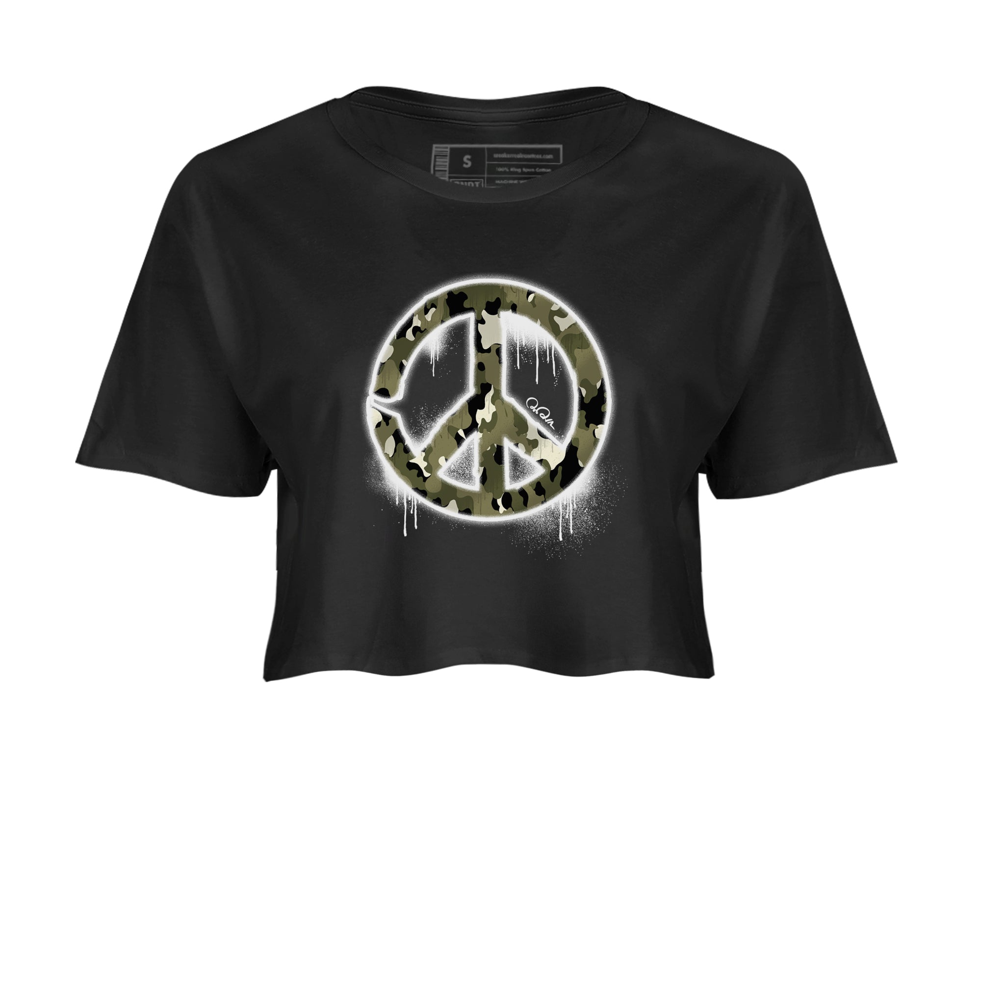 Air Jordan 4 Medium Olive shirt to match jordans streetwear brand Peace Sign sneaker tees AJ4 Medium Olive Drip Gear Zone Black 2 Crop T-Shirt
