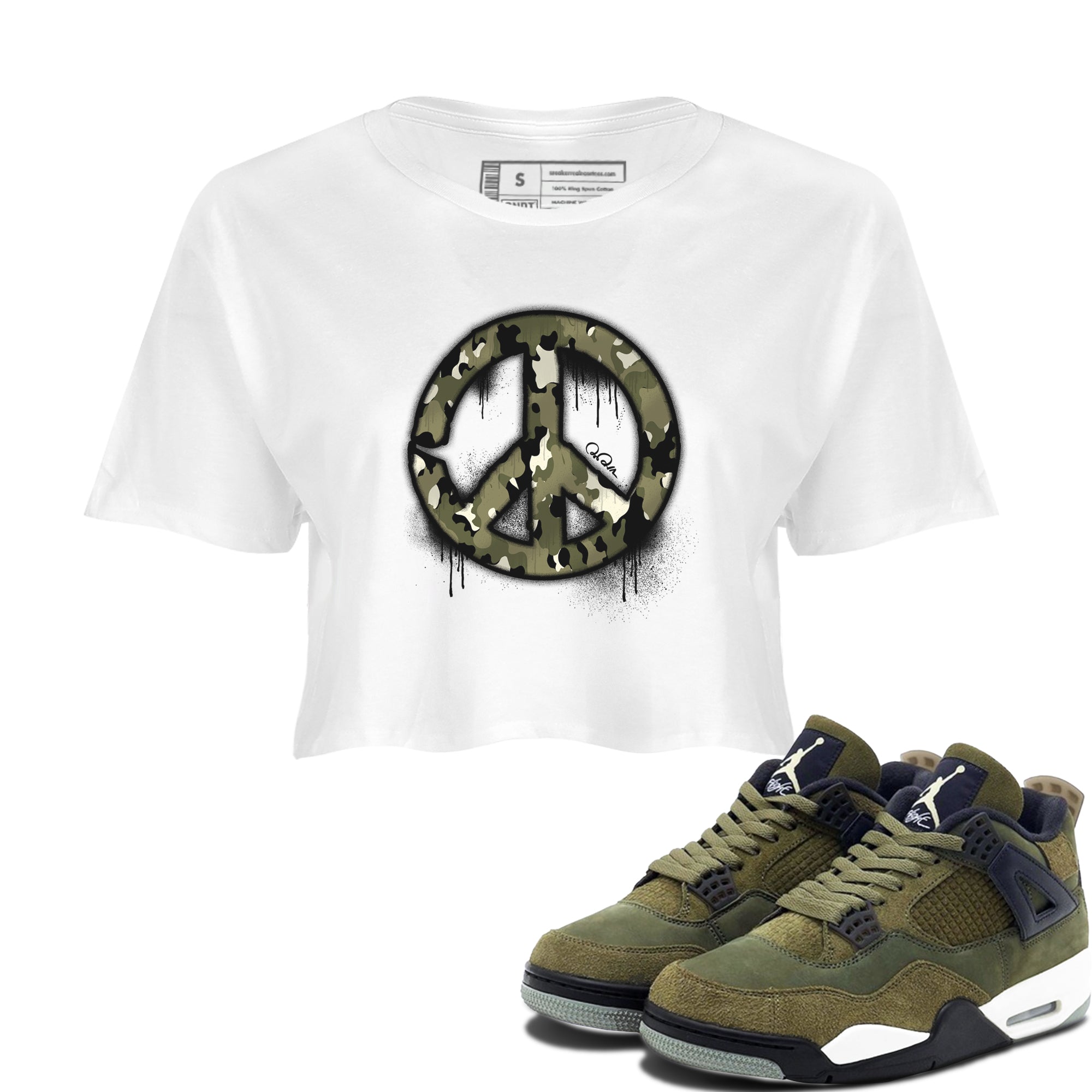 Air Jordan 4 Medium Olive shirt to match jordans streetwear brand Peace Sign sneaker tees AJ4 Medium Olive Drip Gear Zone White 1 Crop T-Shirt