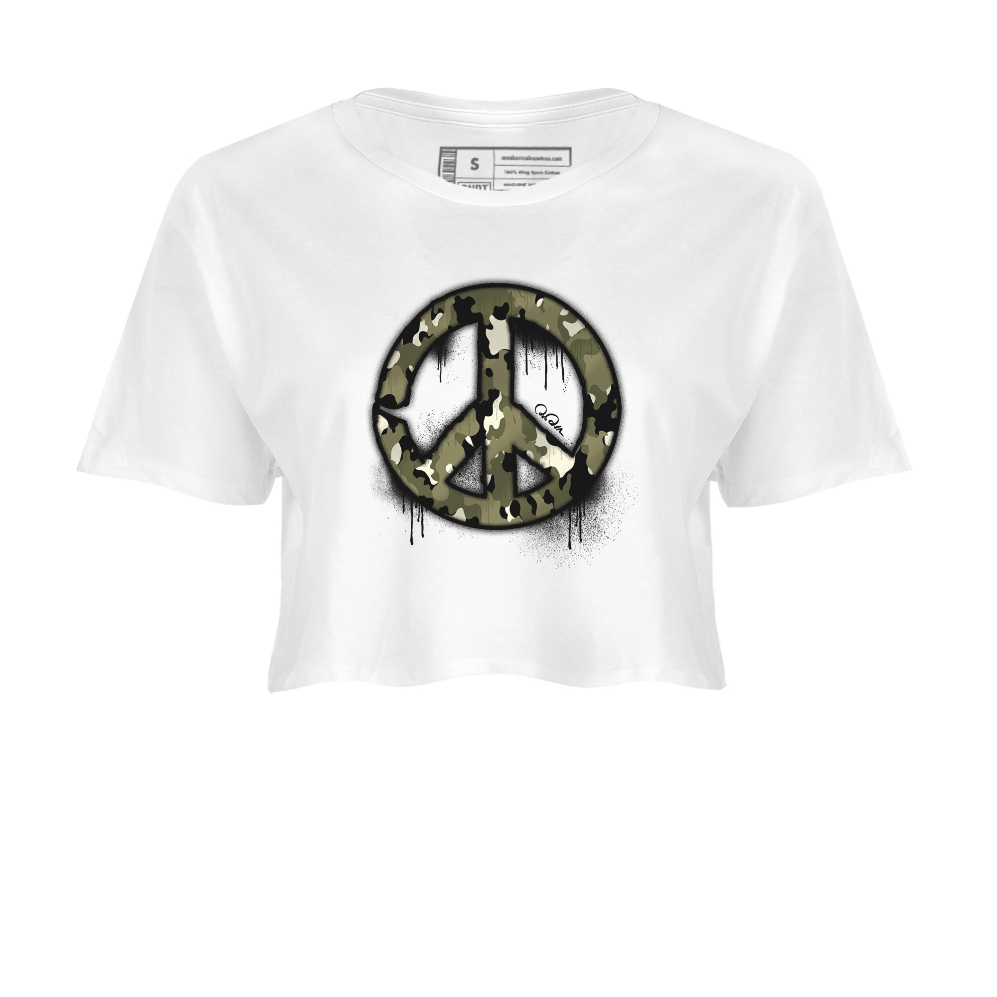 Air Jordan 4 Medium Olive shirt to match jordans streetwear brand Peace Sign sneaker tees AJ4 Medium Olive Drip Gear Zone White 2 Crop T-Shirt