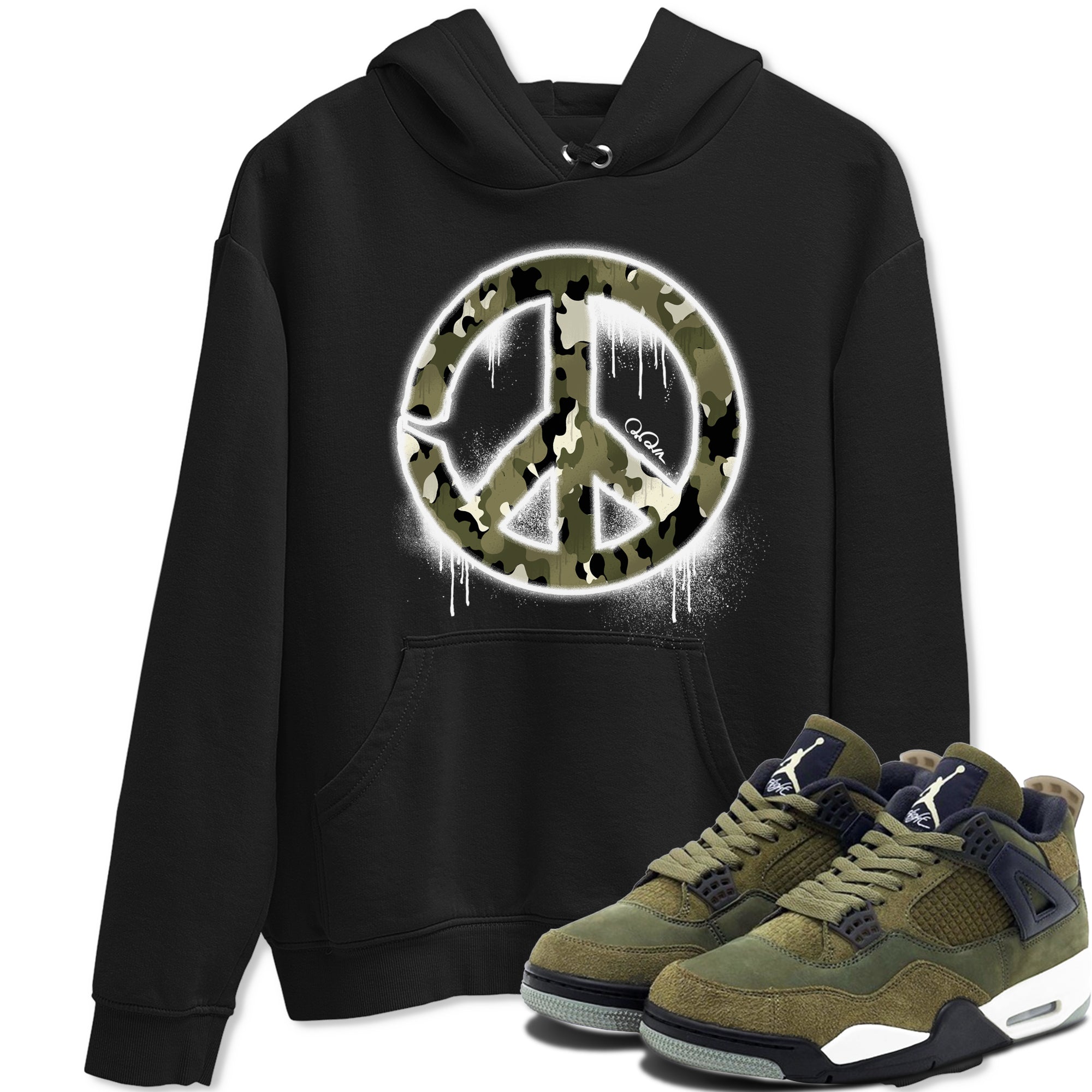 Air Jordan 4 Medium Olive shirt to match jordans streetwear brand Peace Sign sneaker tees AJ4 Medium Olive Drip Gear Zone Unisex Black 1 T-Shirt