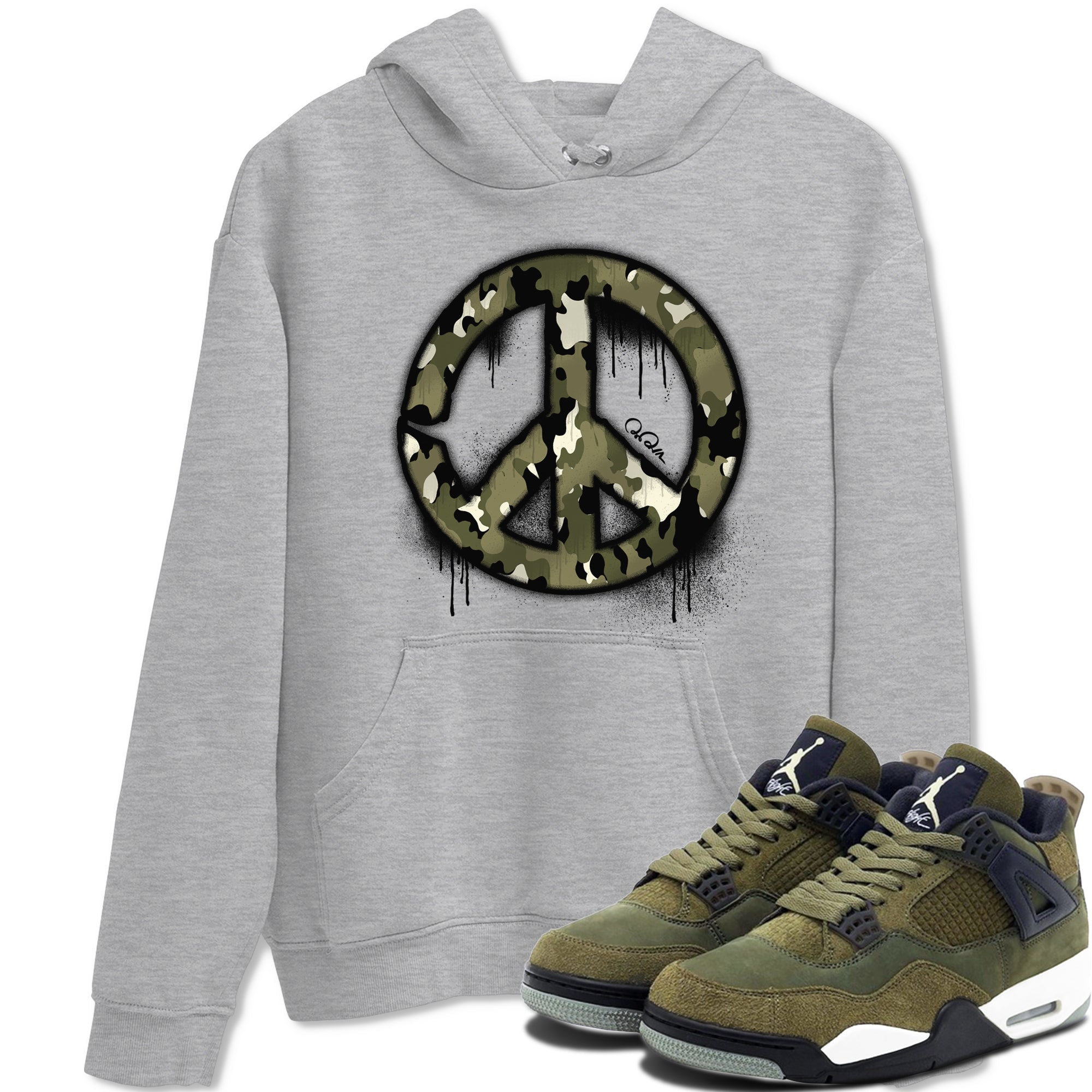 Air Jordan 4 Medium Olive shirt to match jordans streetwear brand Peace Sign sneaker tees AJ4 Medium Olive Drip Gear Zone Unisex Heather Grey 1 T-Shirt