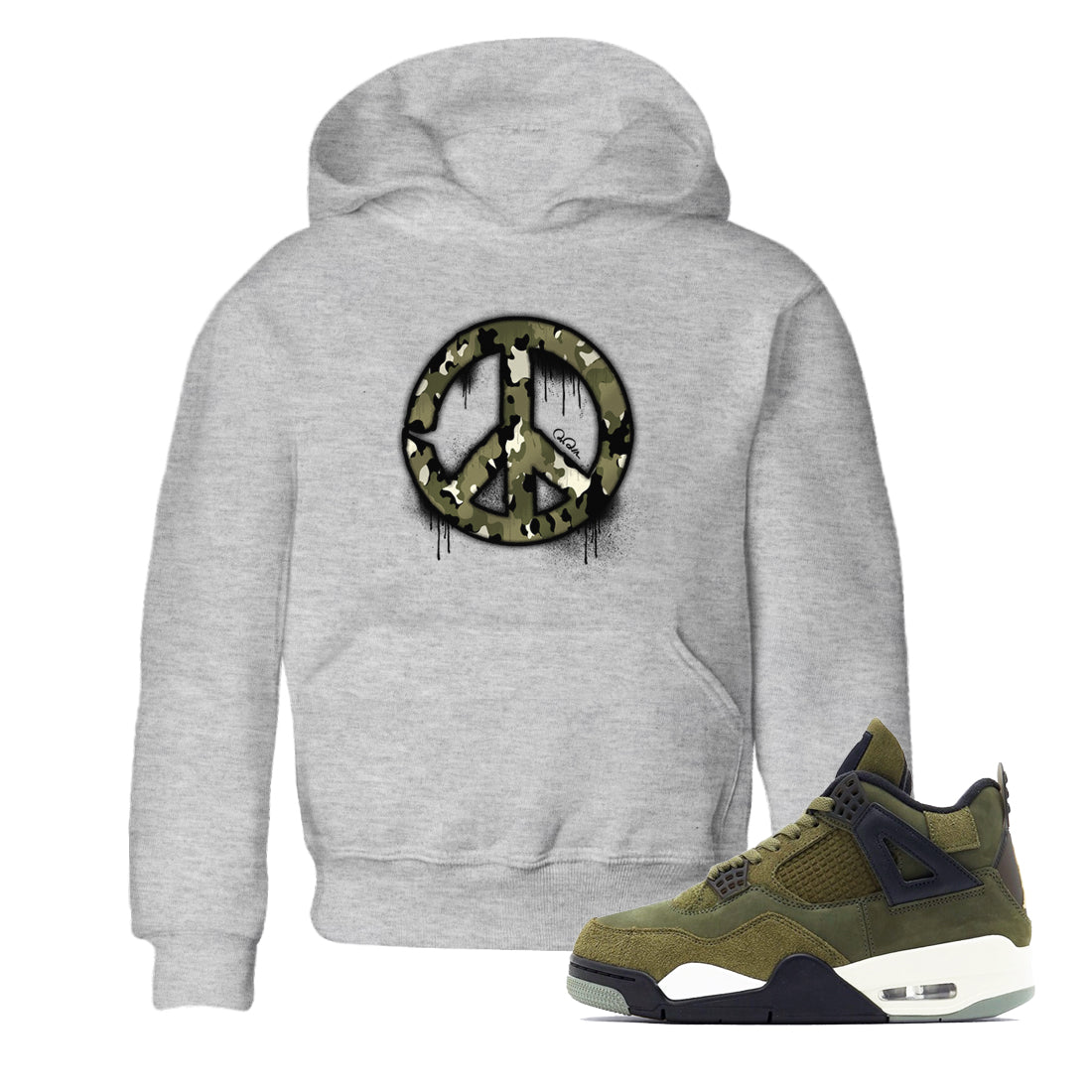 Air Jordan 4 Medium Olive shirt to match jordans streetwear brand Peace Sign sneaker tees AJ4 Medium Olive Drip Gear Zone Baby Toddler Heather Grey 1 T-Shirt