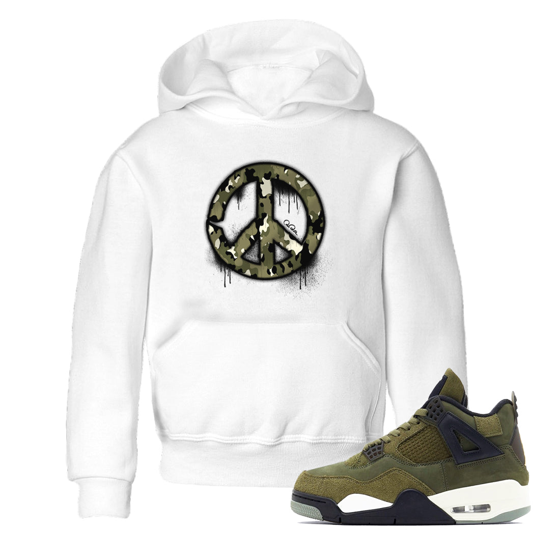 Air Jordan 4 Medium Olive shirt to match jordans streetwear brand Peace Sign sneaker tees AJ4 Medium Olive Drip Gear Zone Baby Toddler White 1 T-Shirt