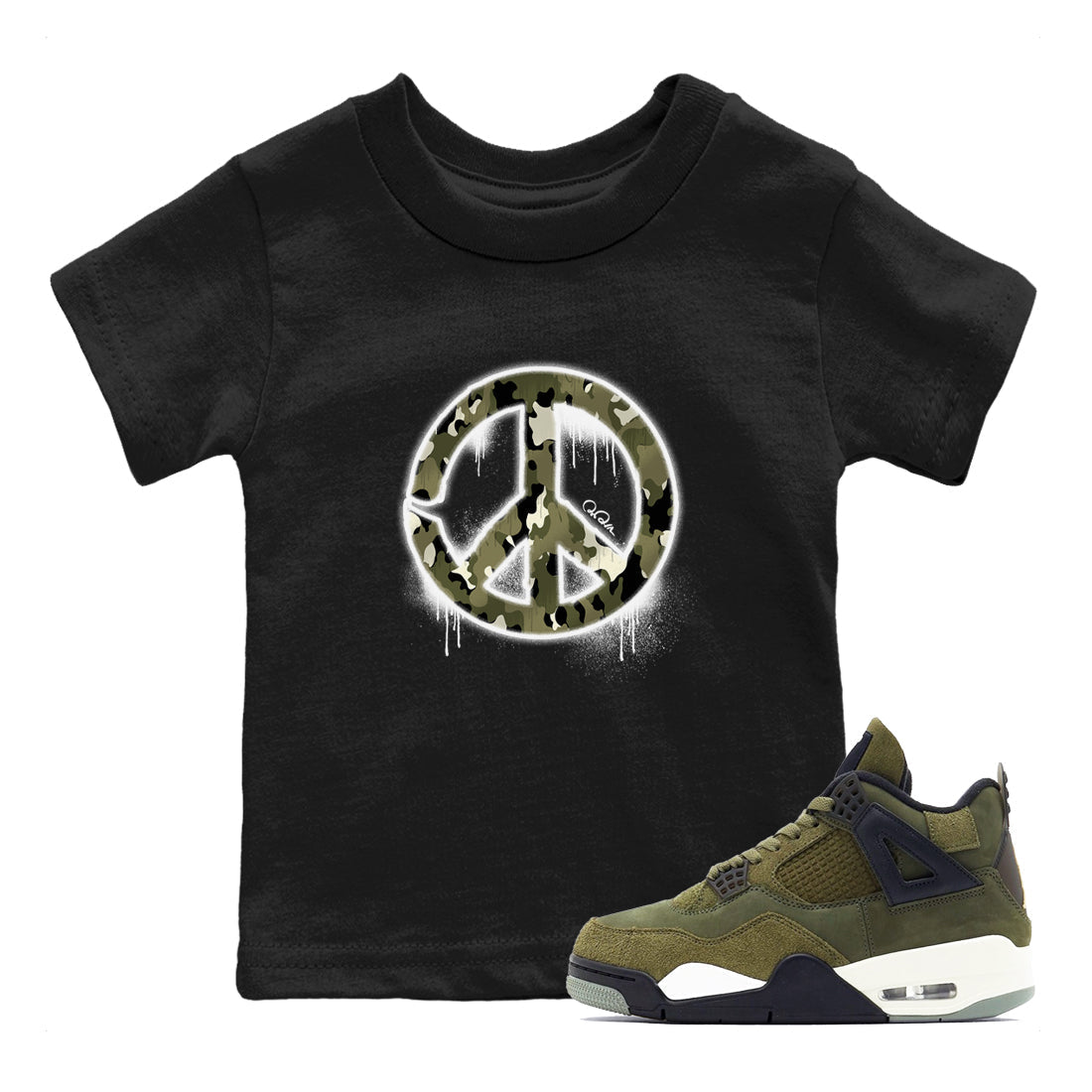 Air Jordan 4 Medium Olive shirt to match jordans streetwear brand Peace Sign sneaker tees AJ4 Medium Olive Drip Gear Zone Baby Toddler Black 1 T-Shirt