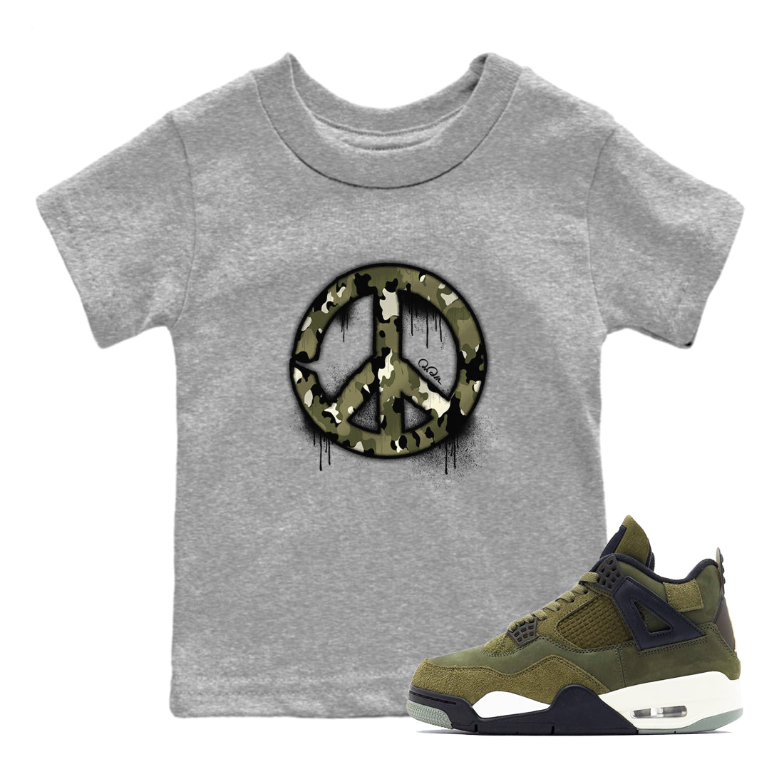 Air Jordan 4 Medium Olive shirt to match jordans streetwear brand Peace Sign sneaker tees AJ4 Medium Olive Drip Gear Zone Baby Toddler Heather Grey 1 T-Shirt