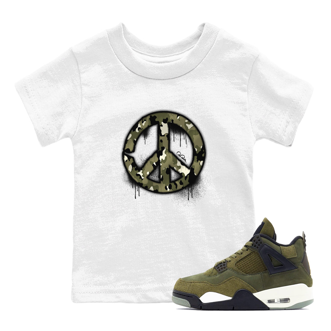 Air Jordan 4 Medium Olive shirt to match jordans streetwear brand Peace Sign sneaker tees AJ4 Medium Olive Drip Gear Zone Baby Toddler White 1 T-Shirt