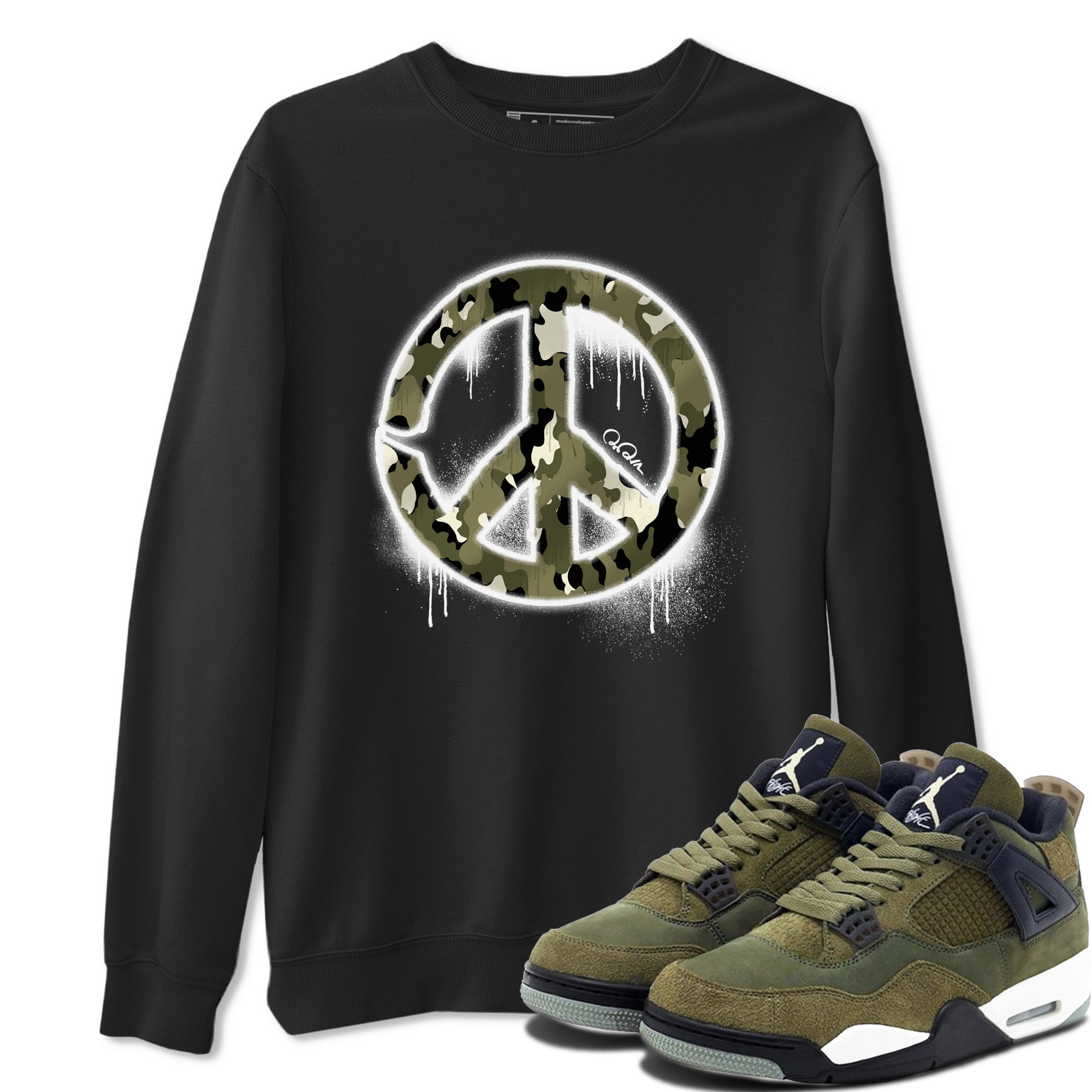 Air Jordan 4 Medium Olive shirt to match jordans streetwear brand Peace Sign sneaker tees AJ4 Medium Olive Drip Gear Zone Unisex Black 1 T-Shirt