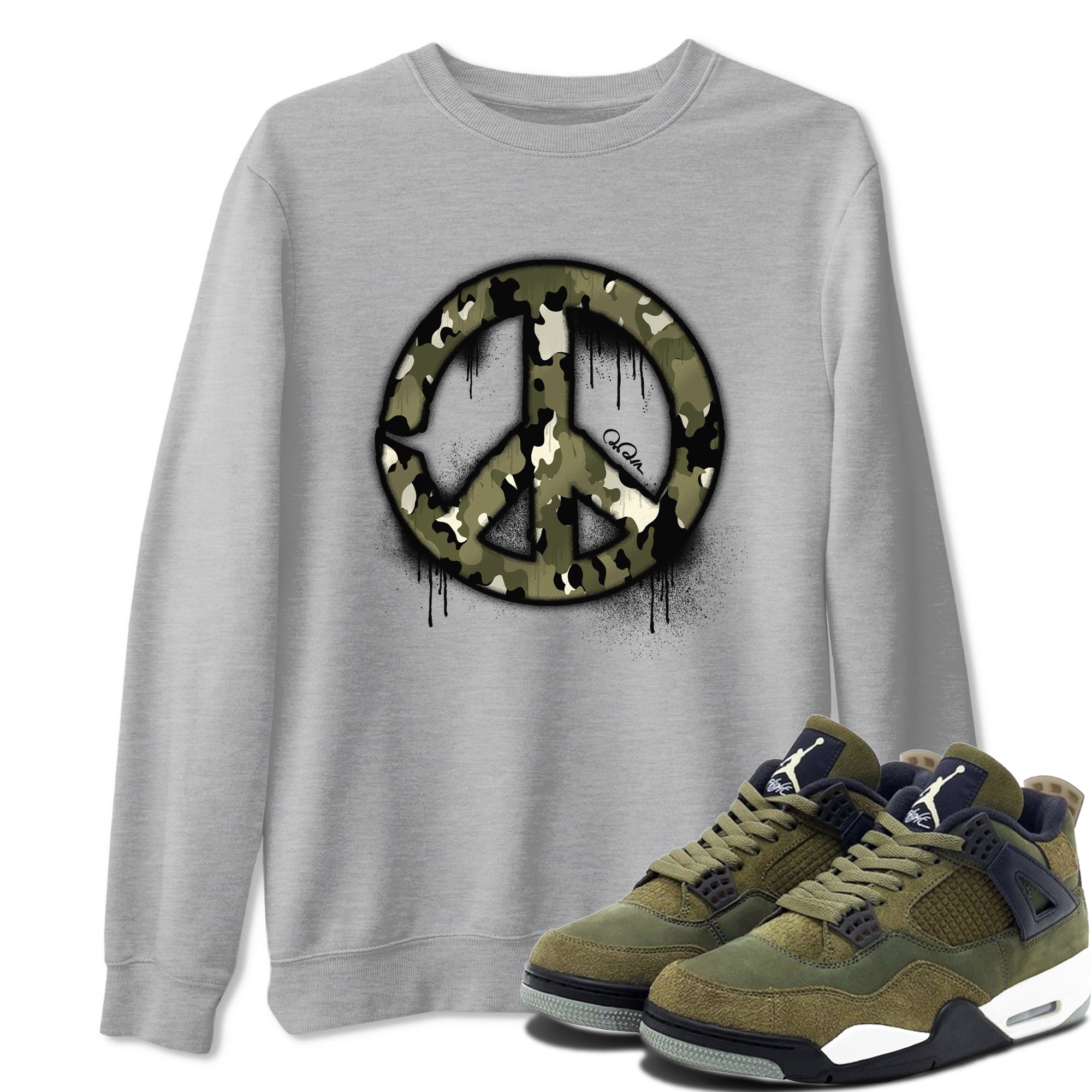 Air Jordan 4 Medium Olive shirt to match jordans streetwear brand Peace Sign sneaker tees AJ4 Medium Olive Drip Gear Zone Unisex Heather Grey 1 T-Shirt