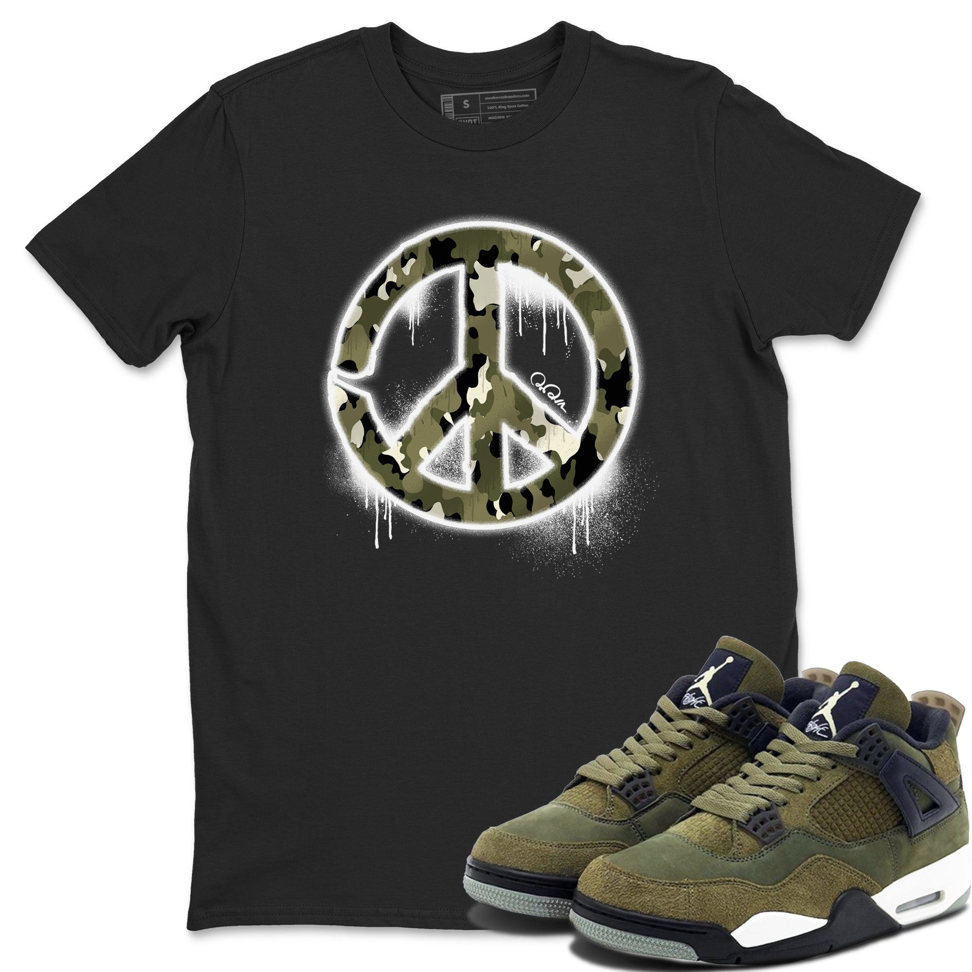Air Jordan 4 Medium Olive shirt to match jordans streetwear brand Peace Sign sneaker tees AJ4 Medium Olive Drip Gear Zone Unisex Black 1 T-Shirt