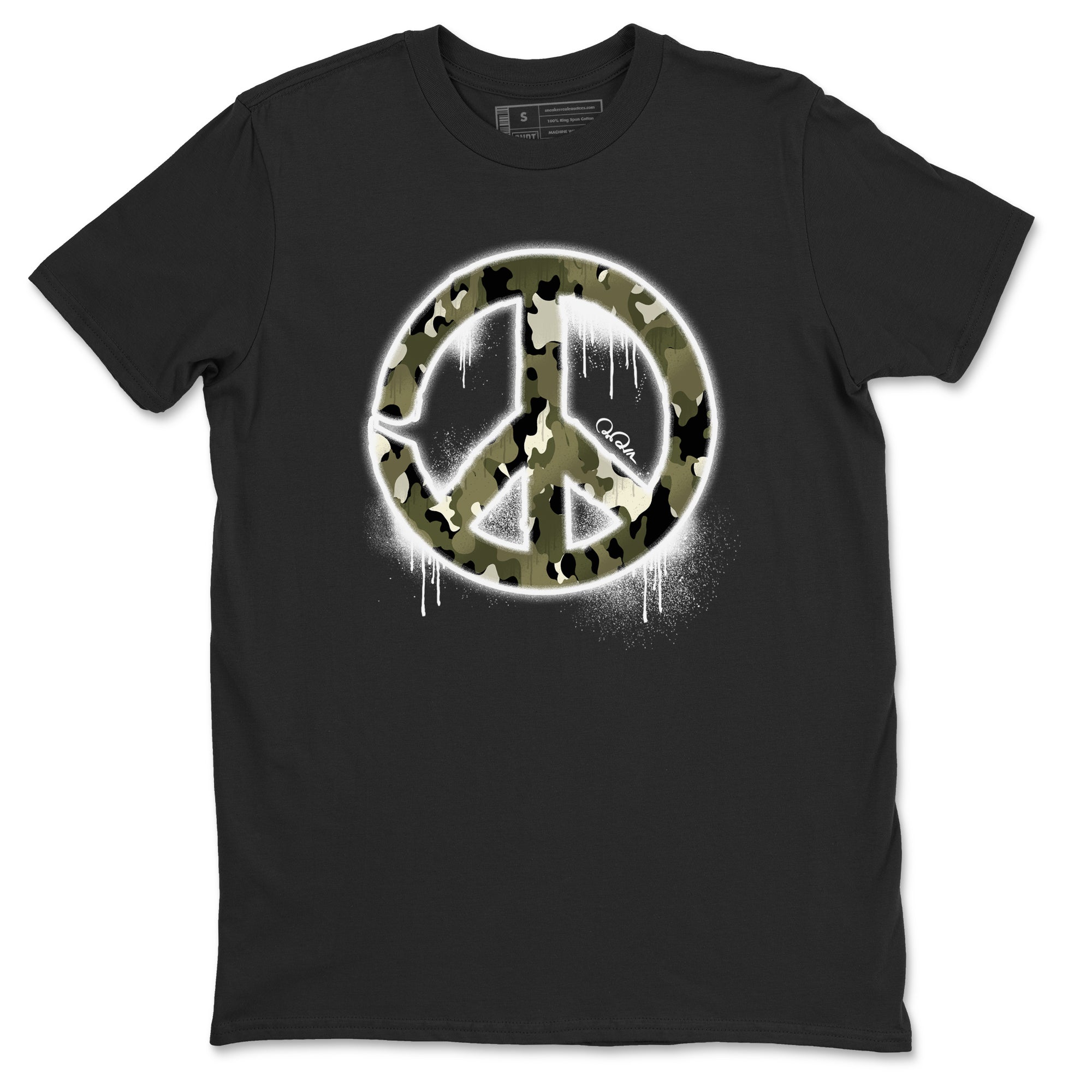Air Jordan 4 Medium Olive shirt to match jordans streetwear brand Peace Sign sneaker tees AJ4 Medium Olive Drip Gear Zone Unisex Black 2 T-Shirt