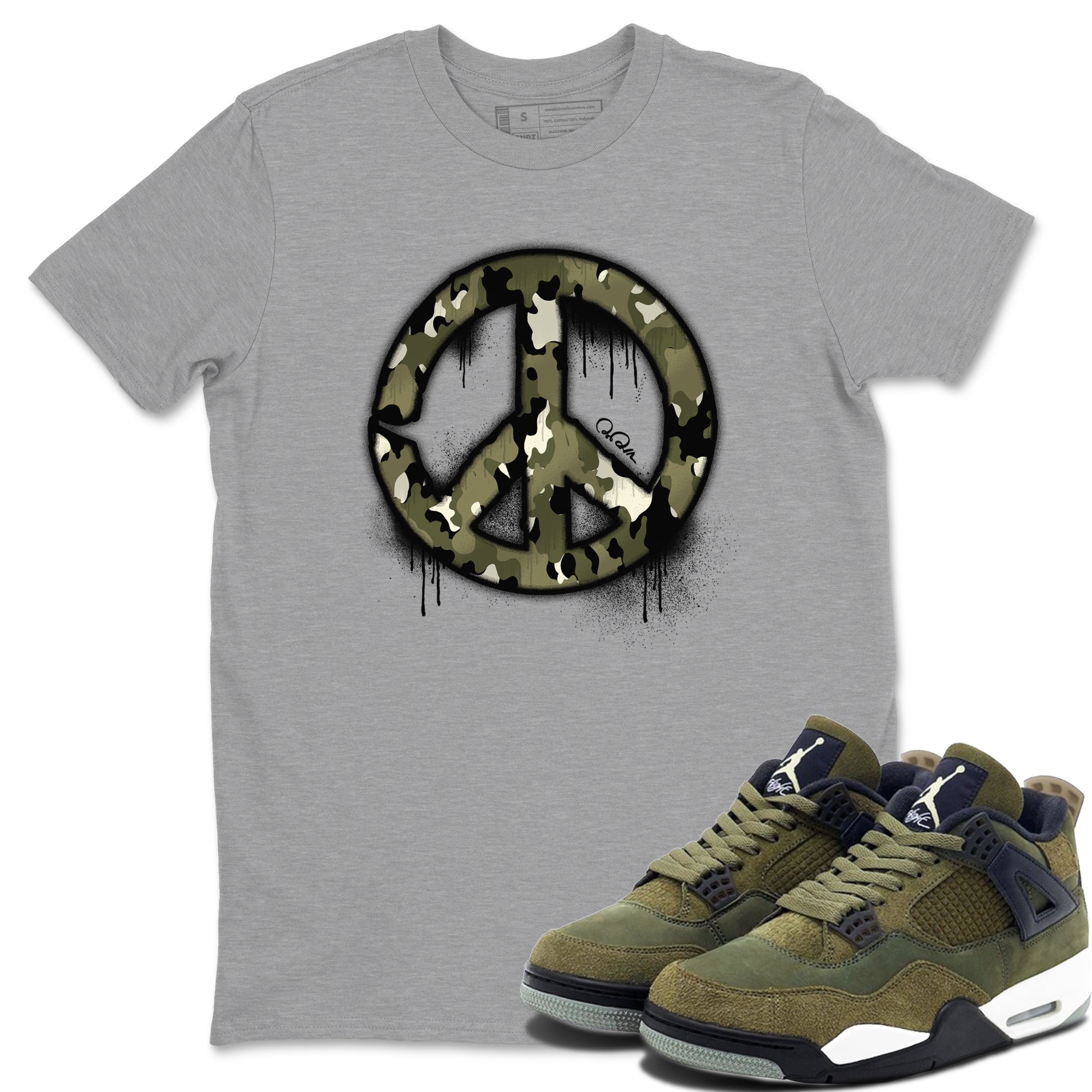 Air Jordan 4 Medium Olive shirt to match jordans streetwear brand Peace Sign sneaker tees AJ4 Medium Olive Drip Gear Zone Unisex Heather Grey 1 T-Shirt