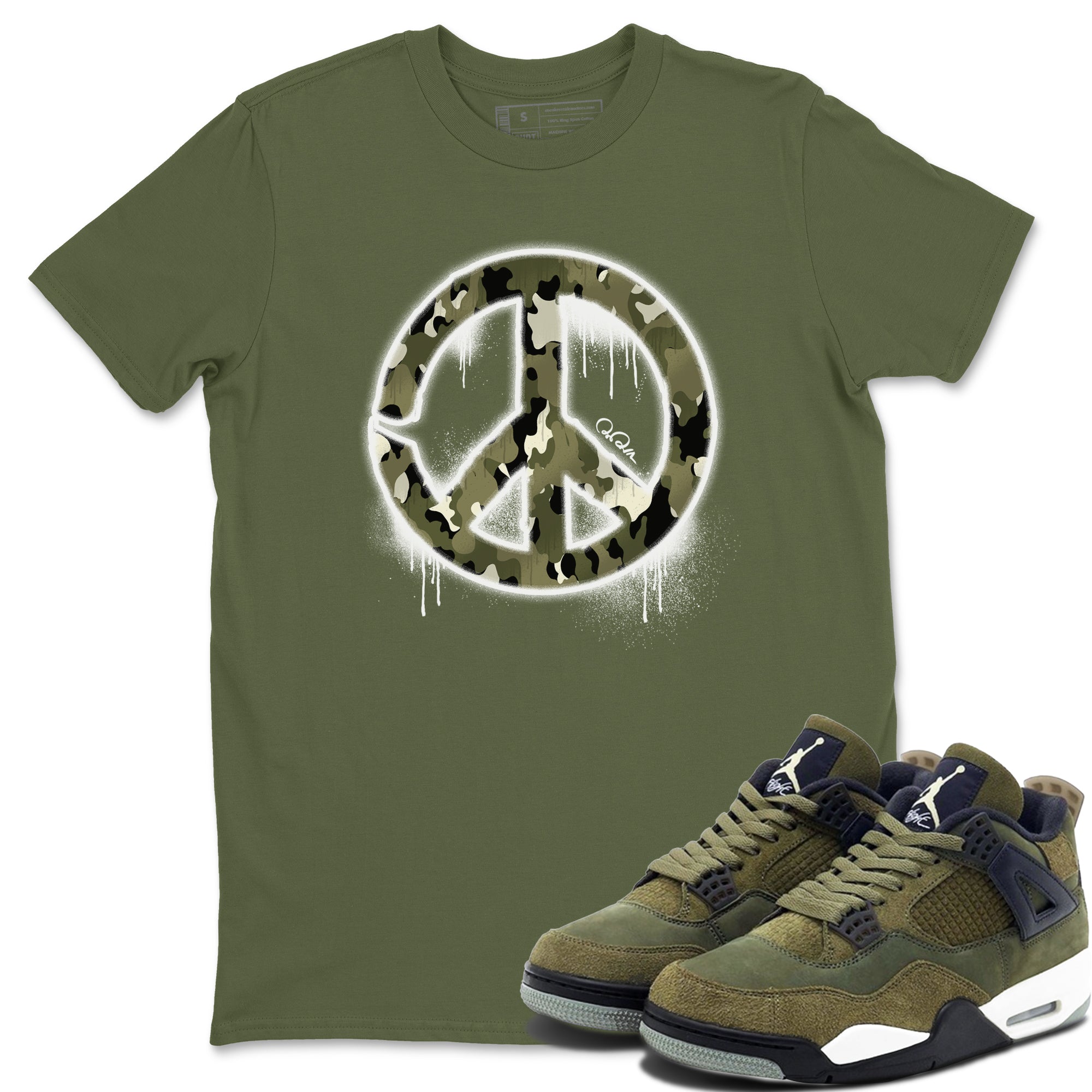 Air Jordan 4 Medium Olive shirt to match jordans streetwear brand Peace Sign sneaker tees AJ4 Medium Olive Drip Gear Zone Unisex Military Green 1 T-Shirt