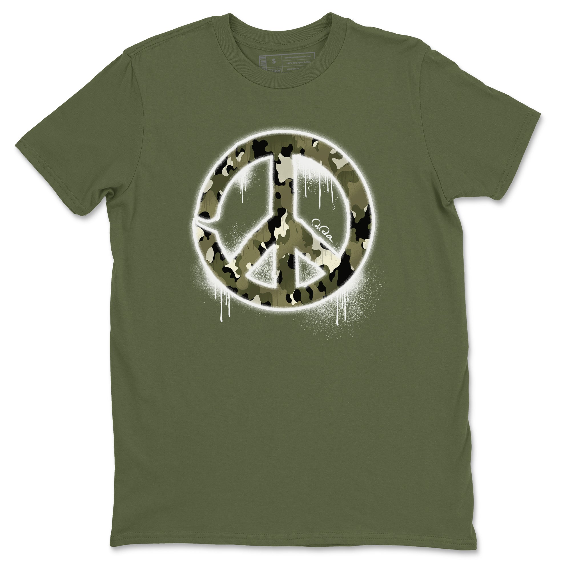 Air Jordan 4 Medium Olive shirt to match jordans streetwear brand Peace Sign sneaker tees AJ4 Medium Olive Drip Gear Zone Unisex Military Green 2 T-Shirt