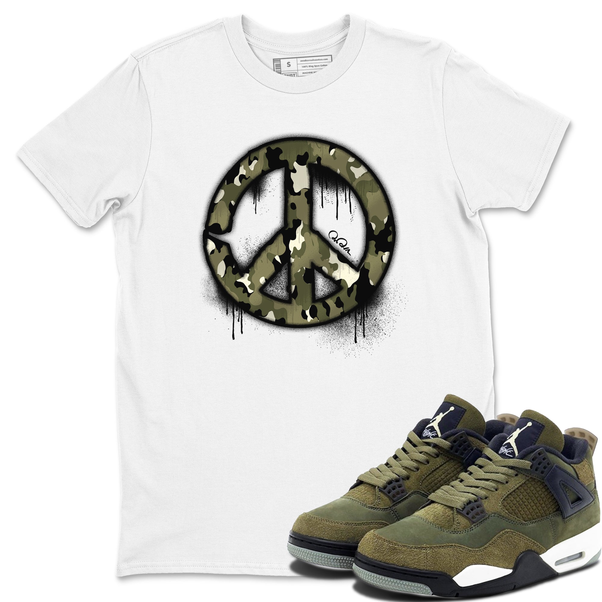 Air Jordan 4 Medium Olive shirt to match jordans streetwear brand Peace Sign sneaker tees AJ4 Medium Olive Drip Gear Zone Unisex White 1 T-Shirt