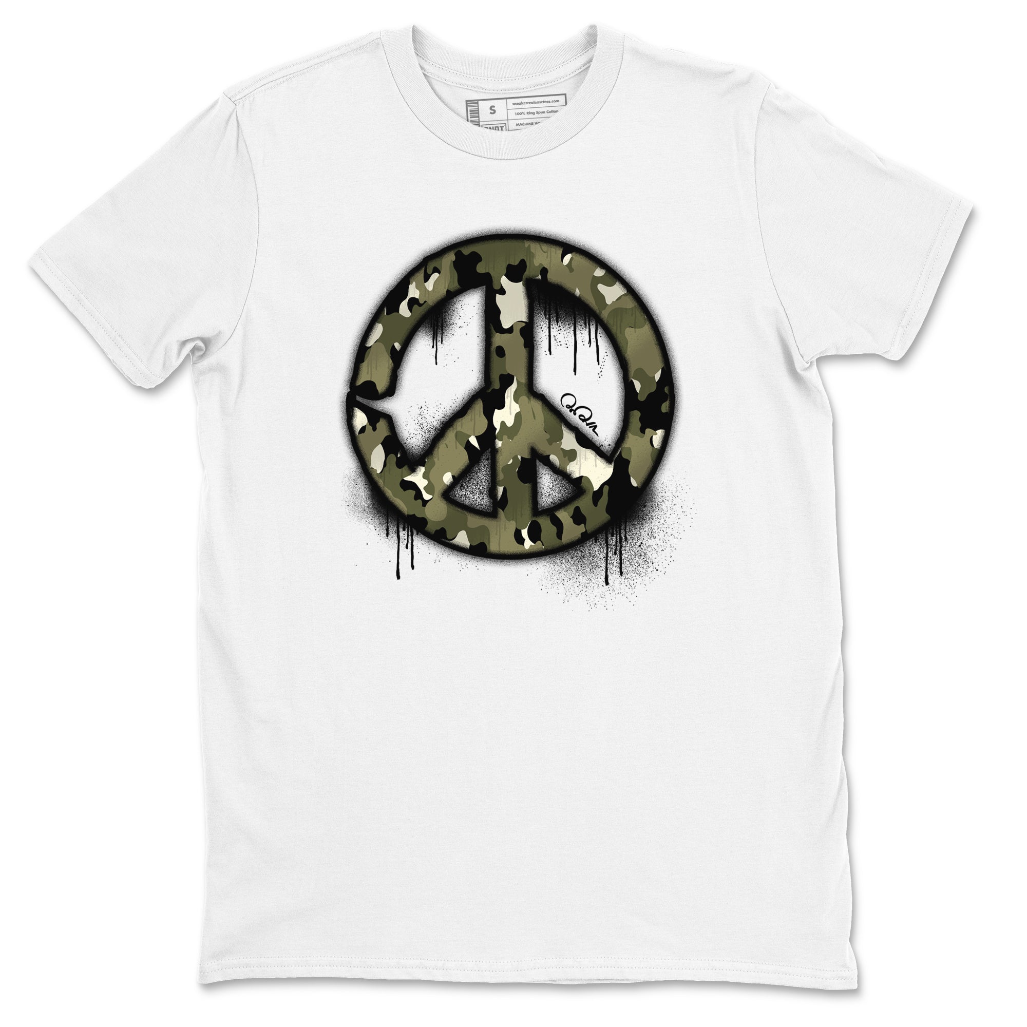 Air Jordan 4 Medium Olive shirt to match jordans streetwear brand Peace Sign sneaker tees AJ4 Medium Olive Drip Gear Zone Unisex White 2 T-Shirt