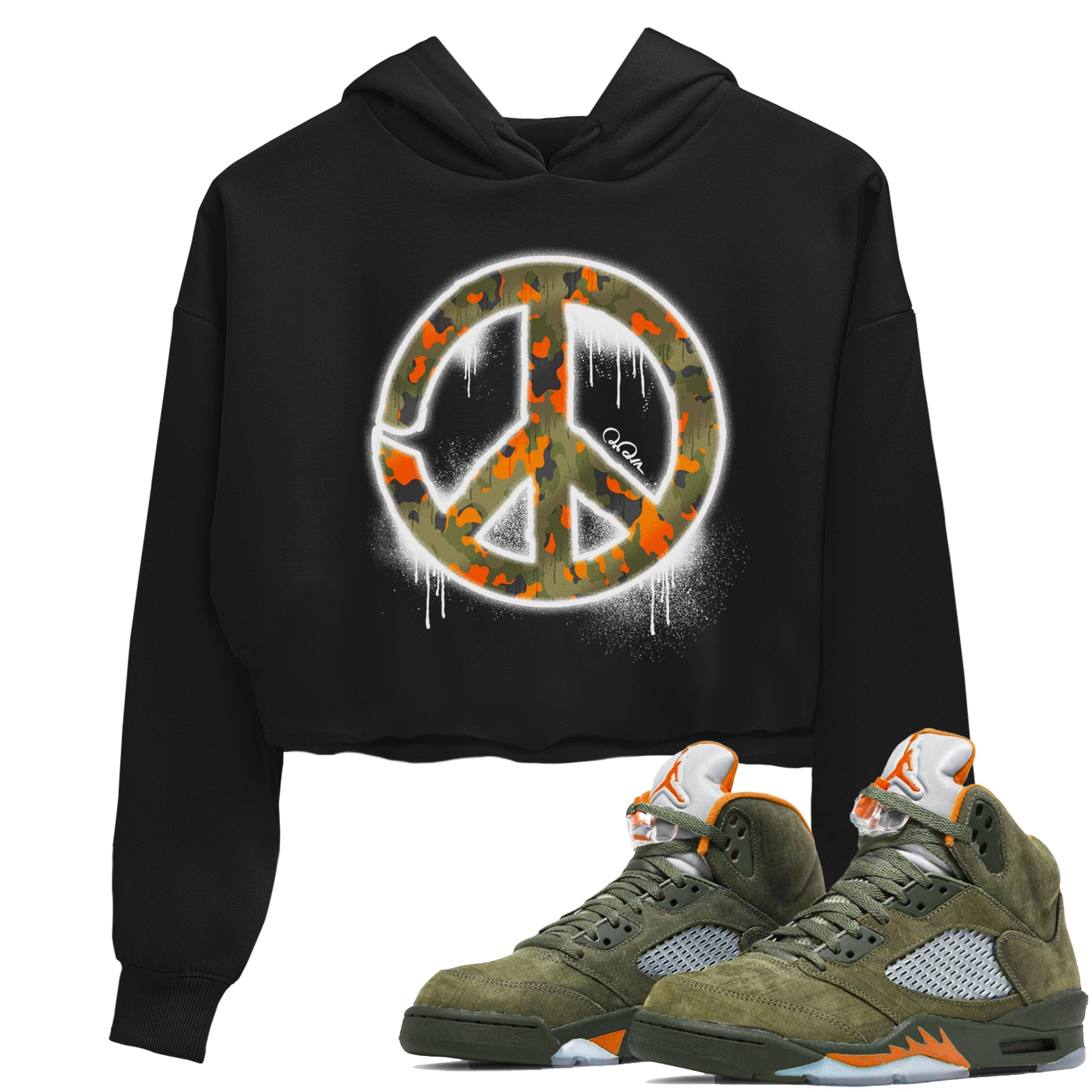 Air Jordan 5 Olive shirt to match jordans Peace Sign sneaker tees AJ5 Olive Drip Gear Zone Black 1 crop length shirt