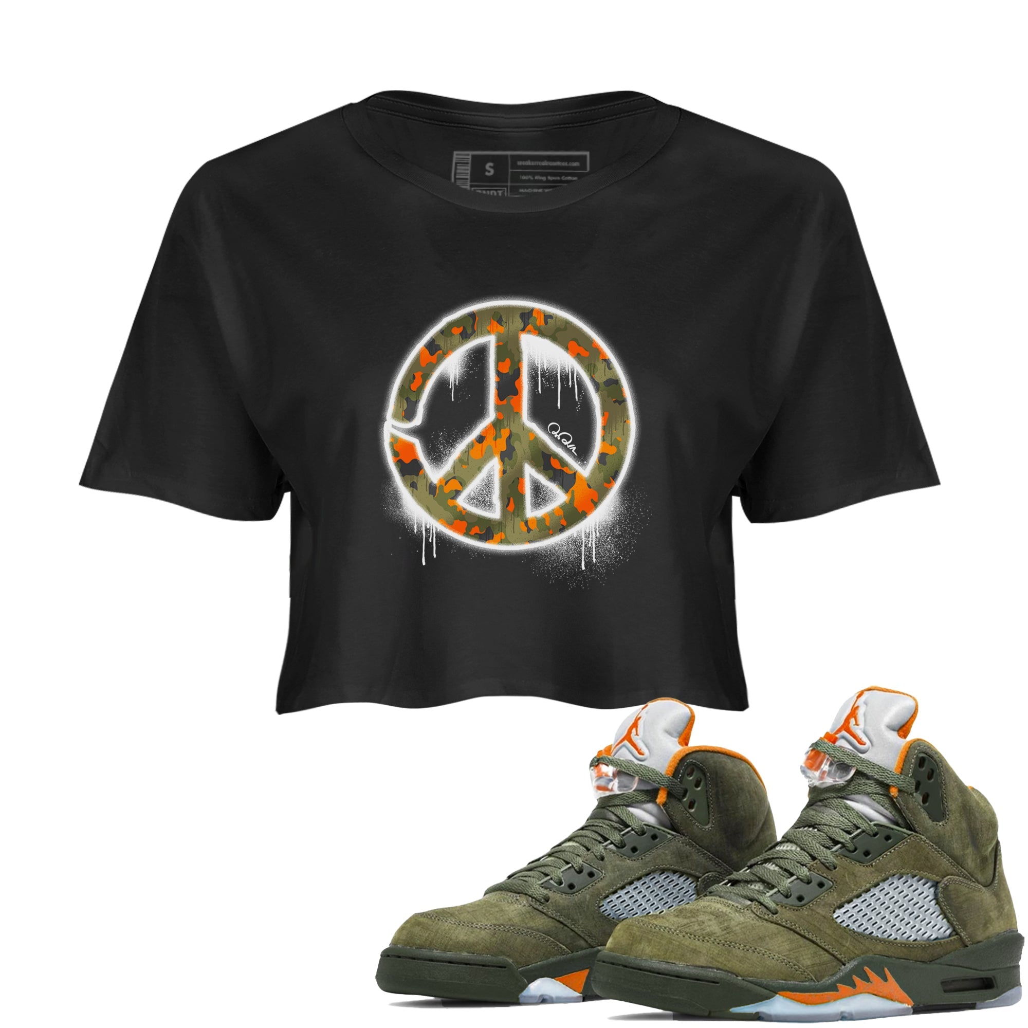Air Jordan 5 Olive shirt to match jordans Peace Sign sneaker tees AJ5 Olive Drip Gear Zone Black 1 crop length shirt