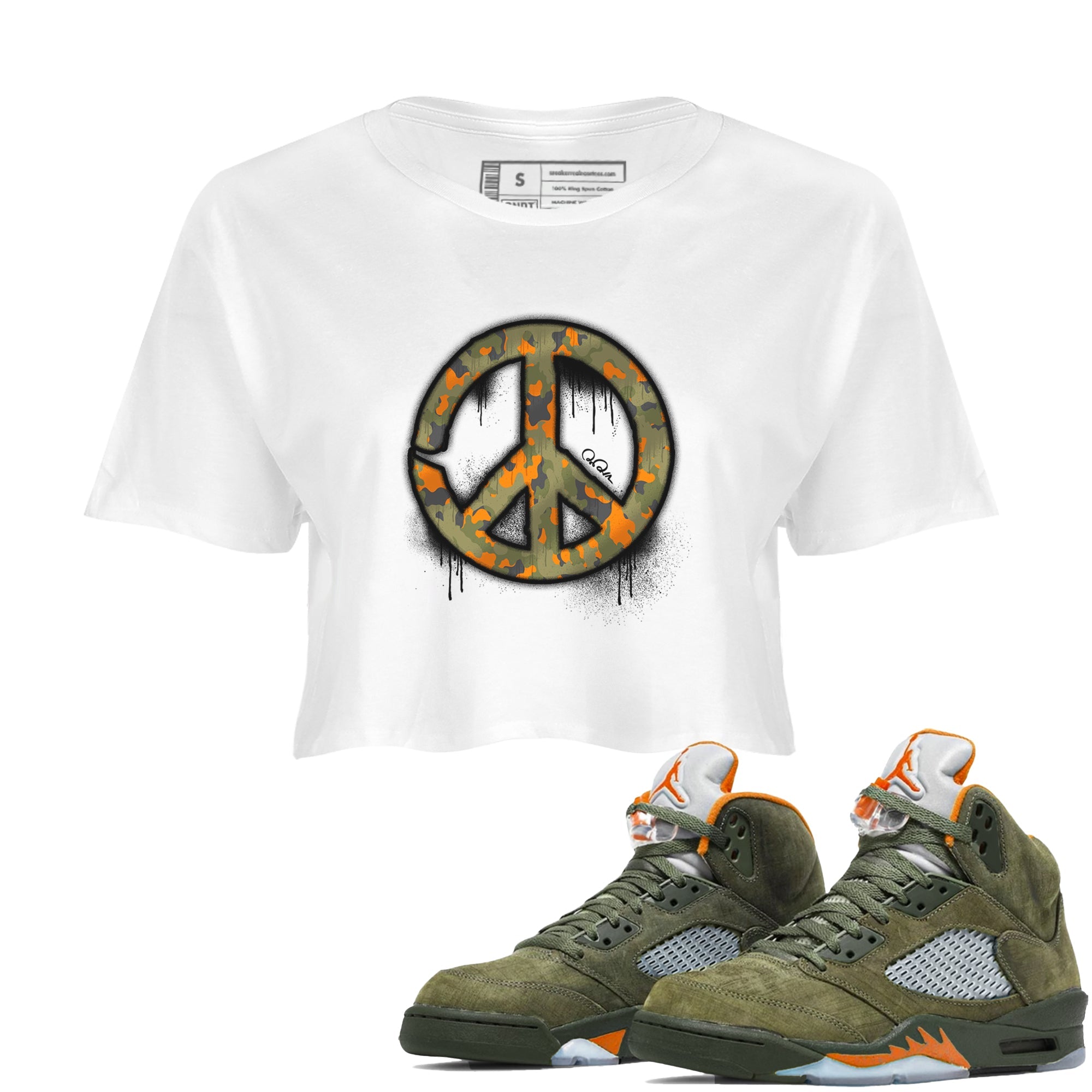 Air Jordan 5 Olive shirt to match jordans Peace Sign sneaker tees AJ5 Olive Drip Gear Zone White 1 crop length shirt