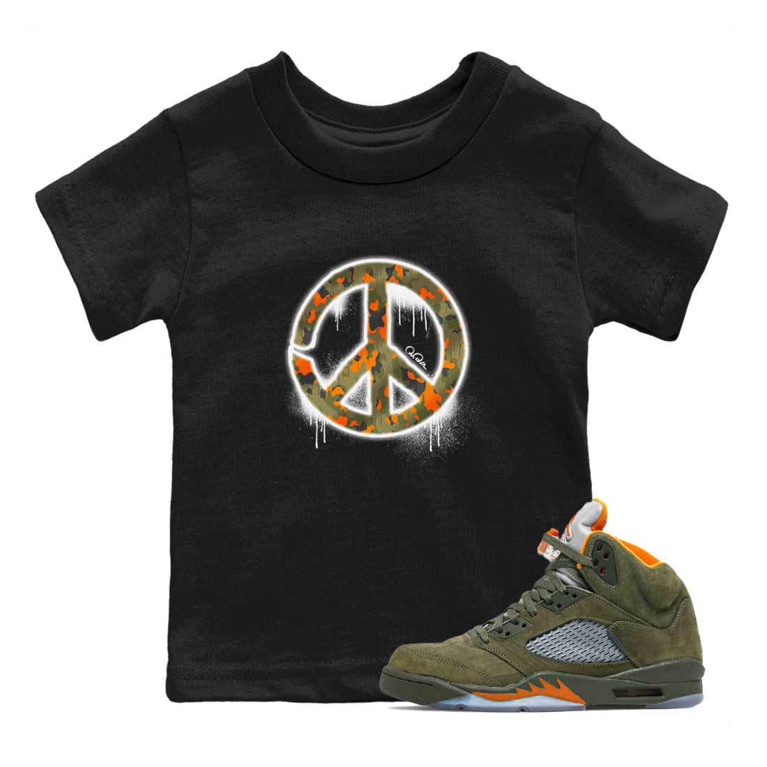 Air Jordan 5 Olive shirt to match jordans Peace Sign sneaker tees AJ5 Olive Drip Gear Zone baby toddler Black 1 cotton Shirt