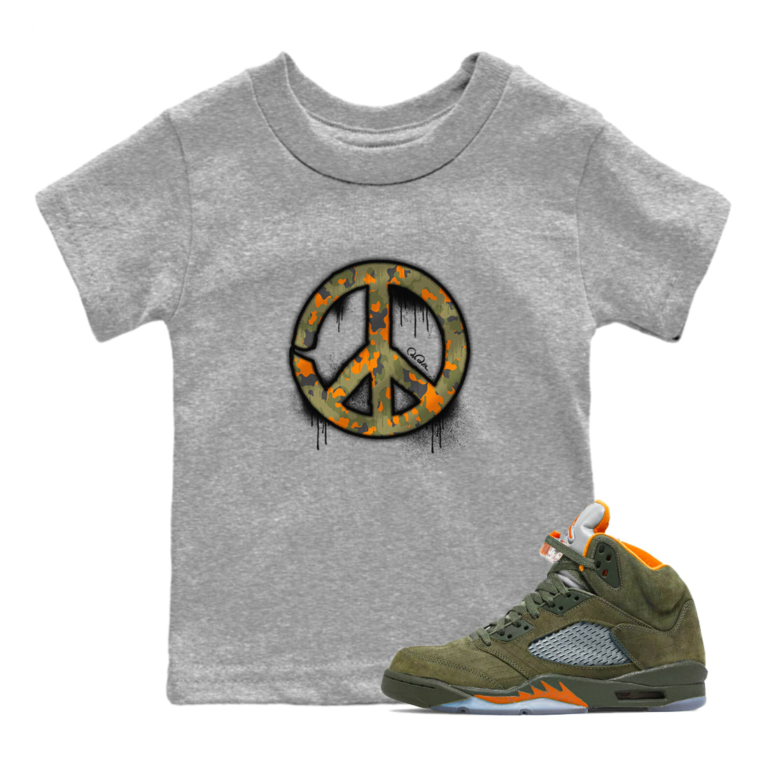 Air Jordan 5 Olive shirt to match jordans Peace Sign sneaker tees AJ5 Olive Drip Gear Zone baby toddler Heather Grey 1 cotton Shirt