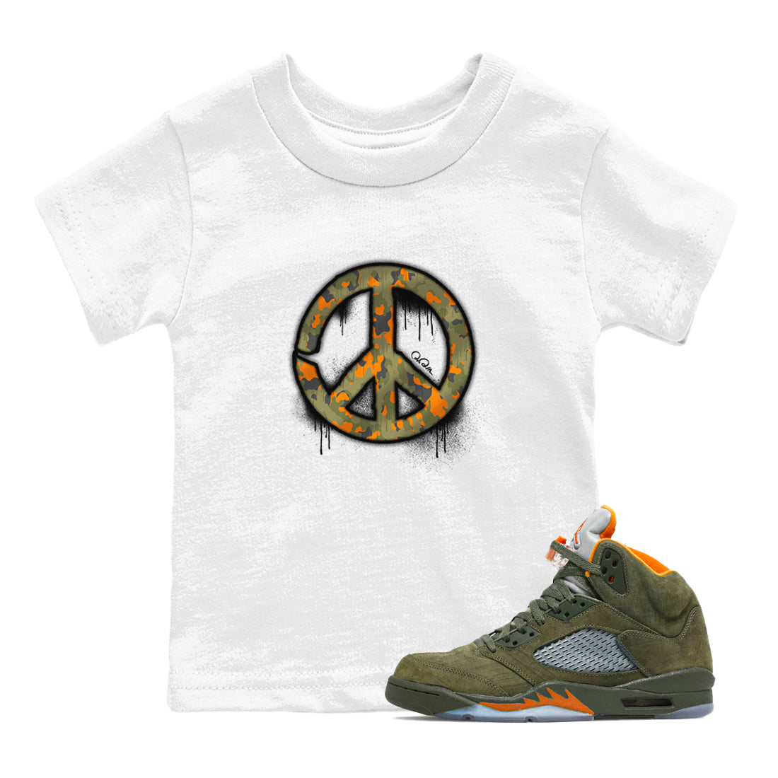 Air Jordan 5 Olive shirt to match jordans Peace Sign sneaker tees AJ5 Olive Drip Gear Zone baby toddler White 1 cotton Shirt