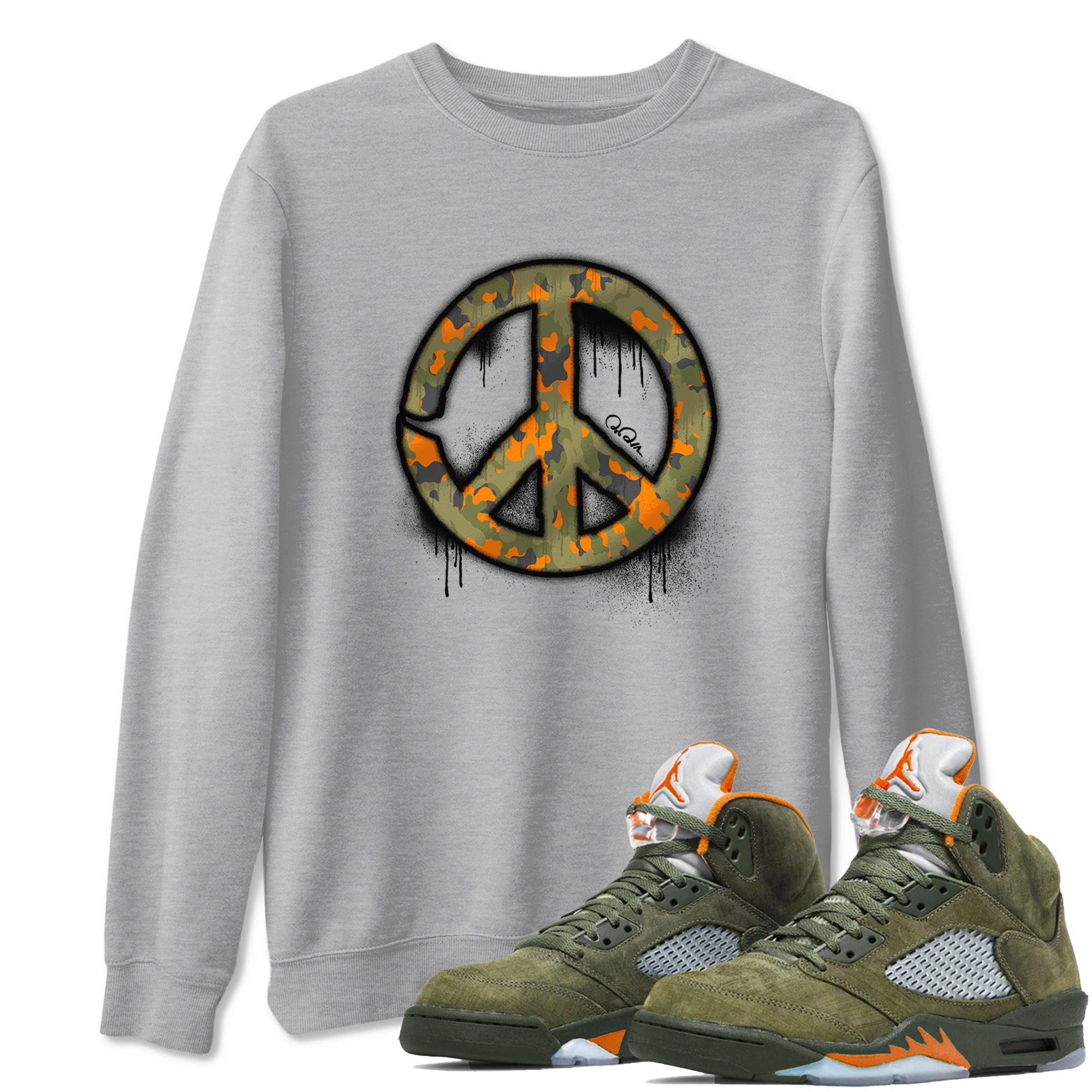 Air Jordan 5 Olive shirt to match jordans Peace Sign sneaker tees AJ5 Olive Drip Gear Zone unisex cotton Heather Grey 1 crew neck shirt