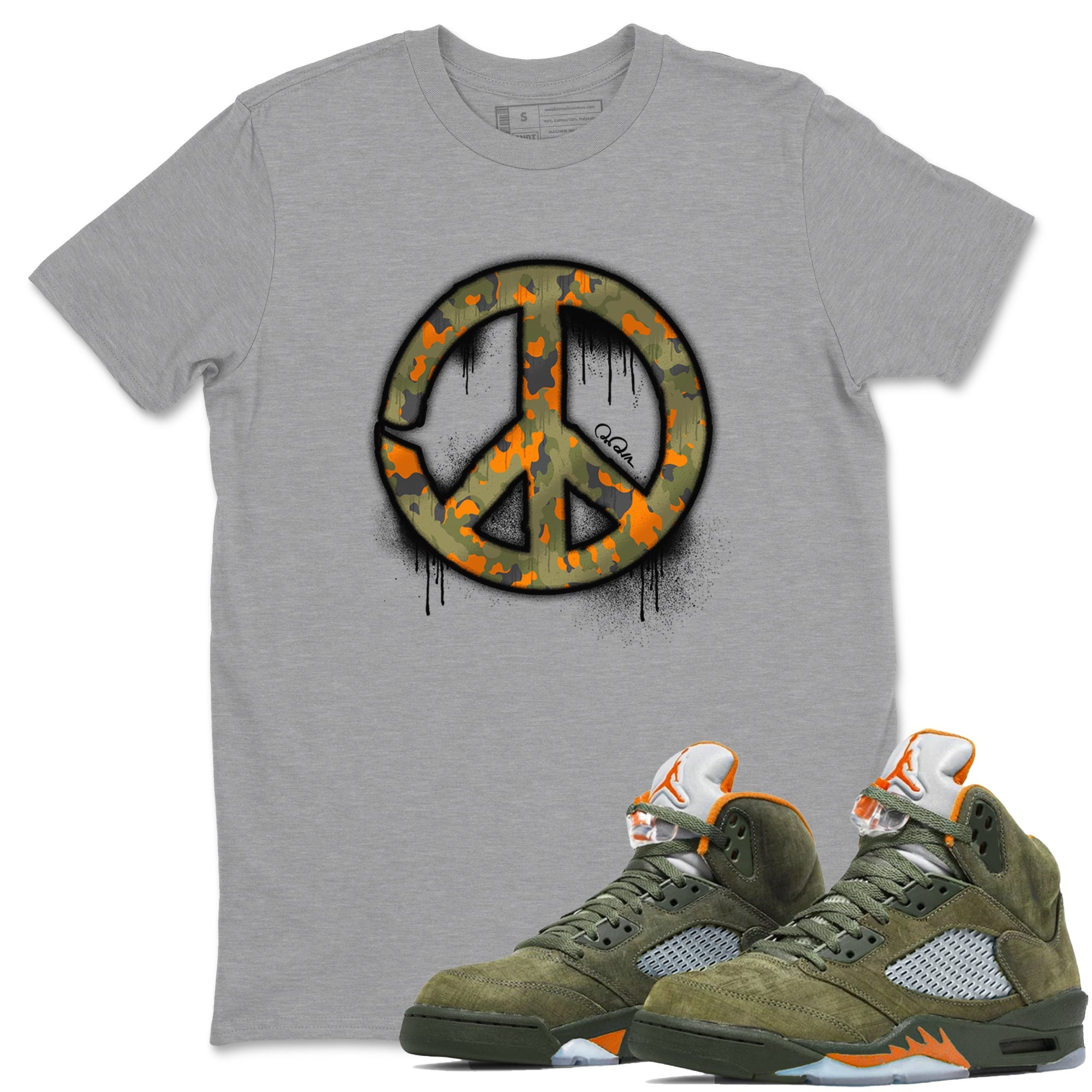 Air Jordan 5 Olive shirt to match jordans Peace Sign sneaker tees AJ5 Olive Drip Gear Zone unisex cotton Heather Grey 1 crew neck shirt