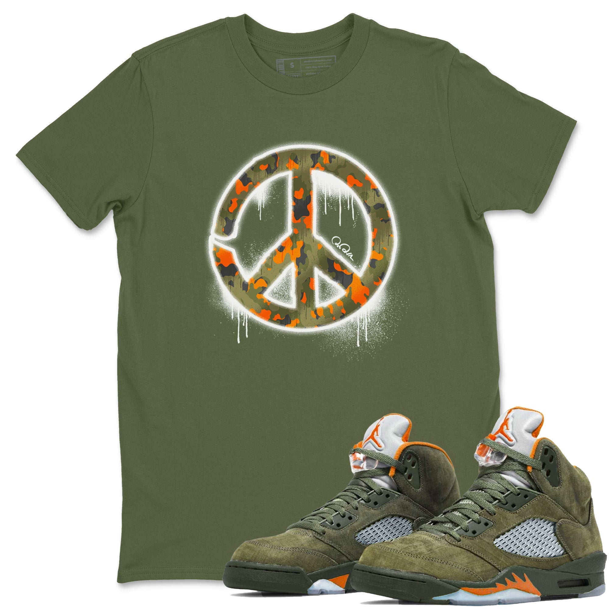 Air Jordan 5 Olive shirt to match jordans Peace Sign sneaker tees AJ5 Olive Drip Gear Zone unisex cotton Military Green 1 crew neck shirt