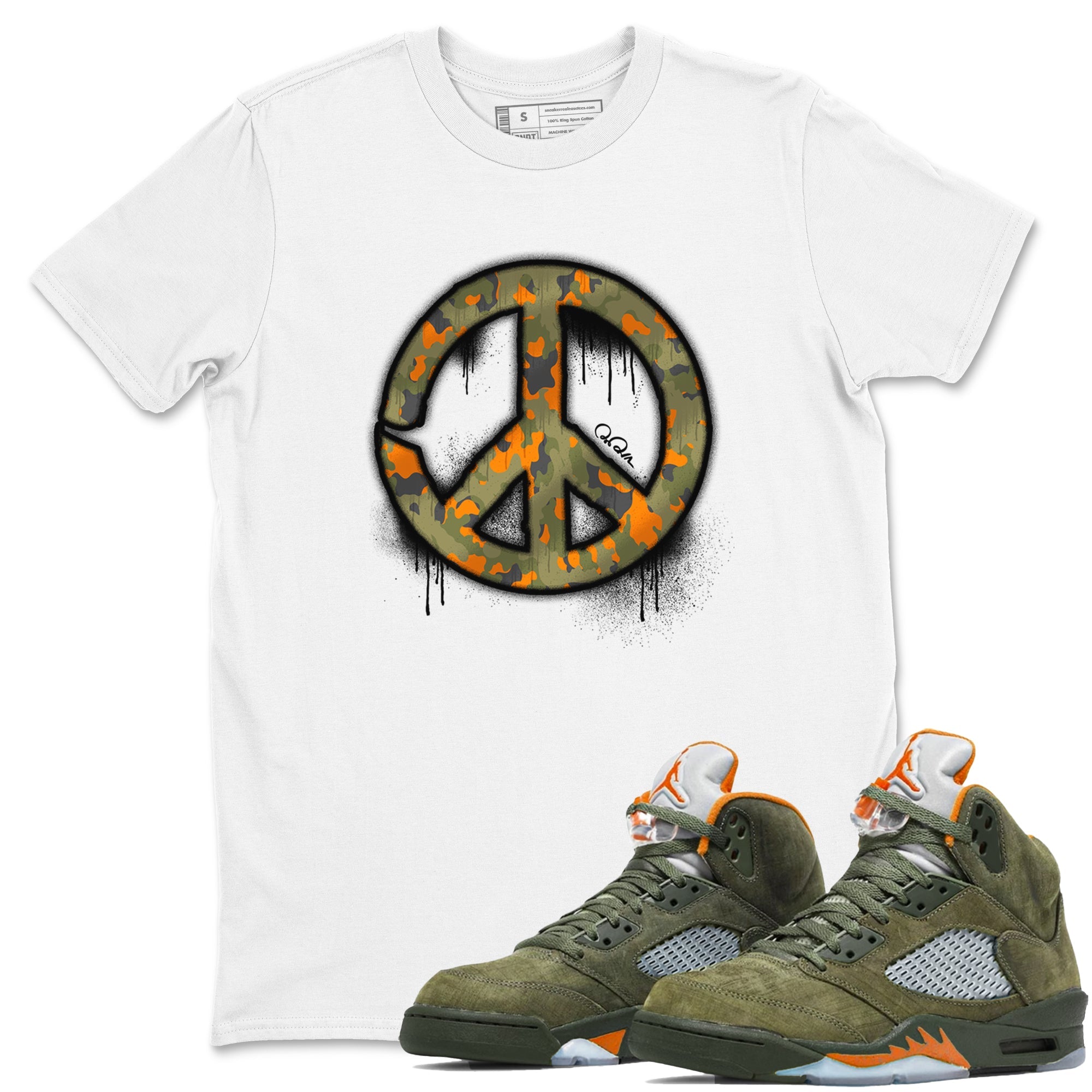 Air Jordan 5 Olive shirt to match jordans Peace Sign sneaker tees AJ5 Olive Drip Gear Zone unisex cotton White 1 crew neck shirt