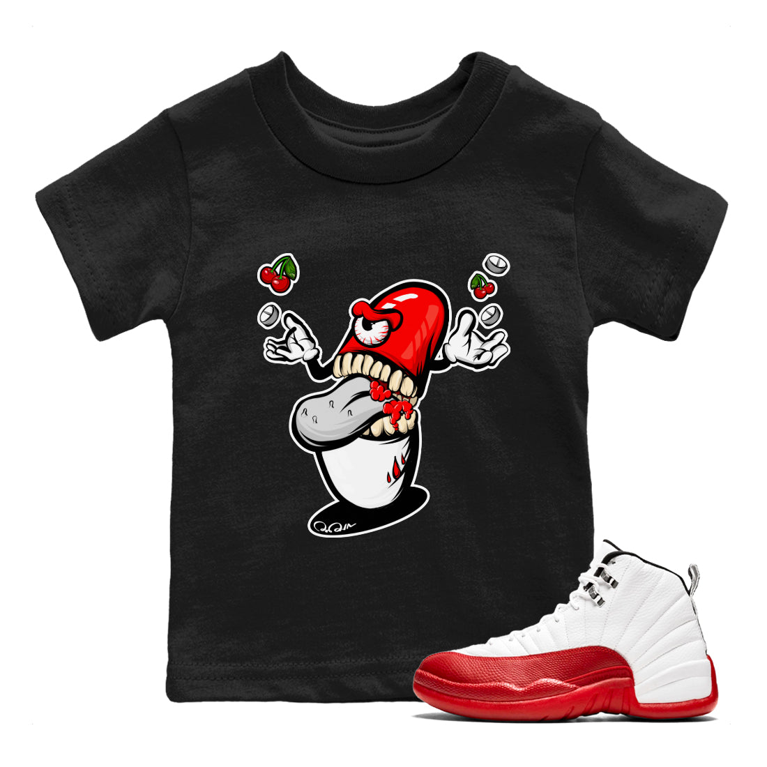 Air Jordan 12 Cherry Sneaker Match Tees Pill Monster Streetwear Sneaker Shirt AJ12 Cherry Sneaker Release Tees Kids Shirts Black 1