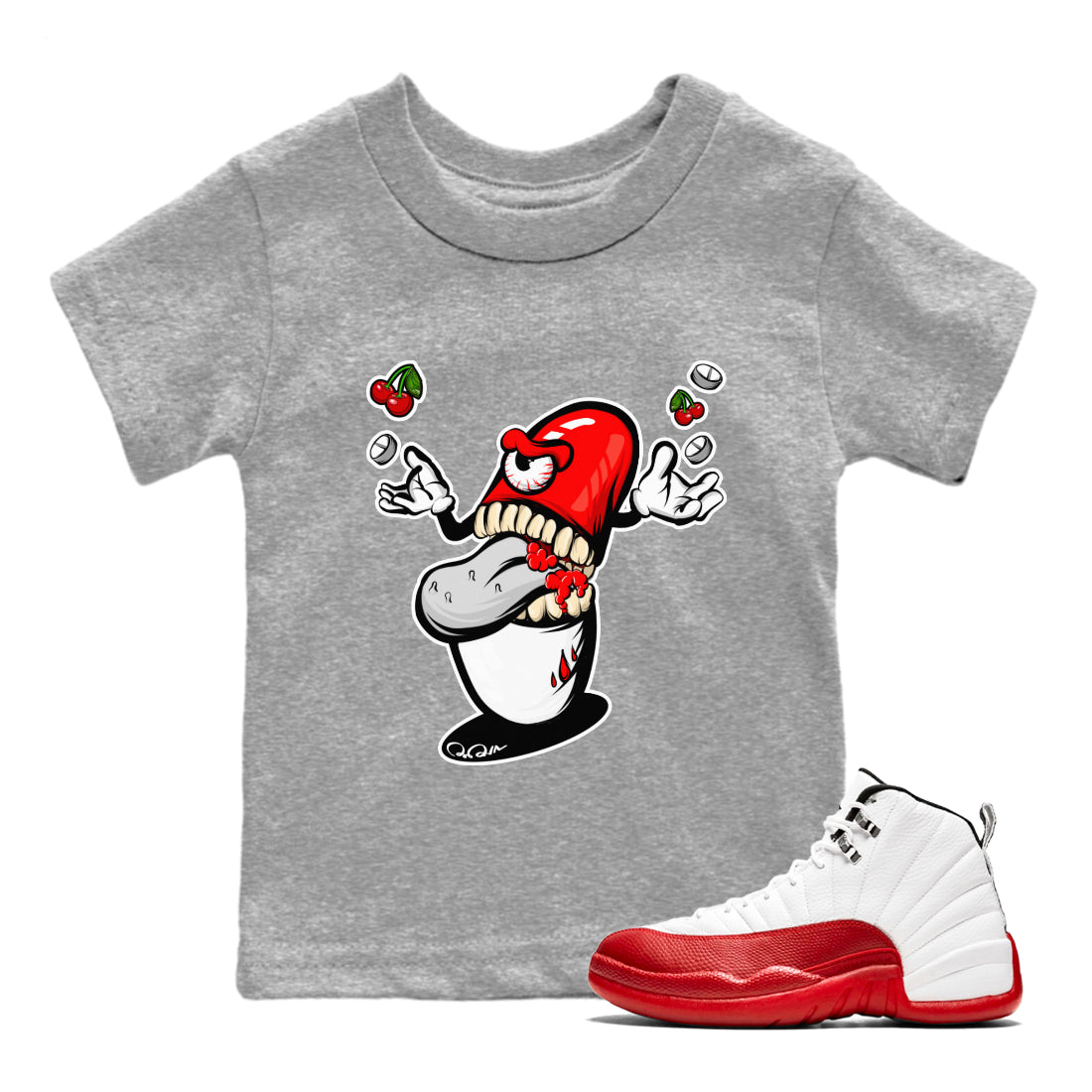 Air Jordan 12 Cherry Sneaker Match Tees Pill Monster Streetwear Sneaker Shirt AJ12 Cherry Sneaker Release Tees Kids Shirts Heather Grey 1