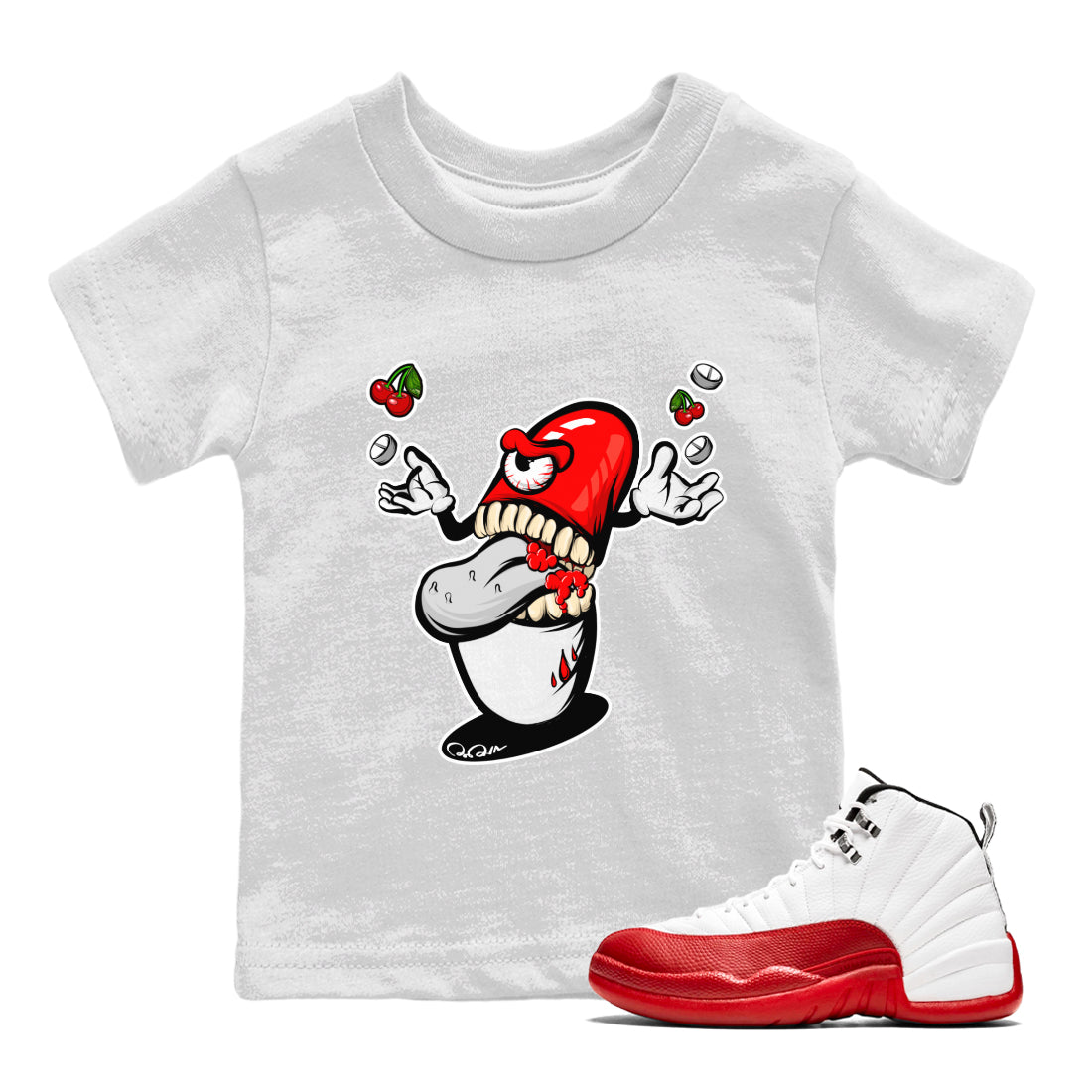 Air Jordan 12 Cherry Sneaker Match Tees Pill Monster Streetwear Sneaker Shirt AJ12 Cherry Sneaker Release Tees Kids Shirts White 1