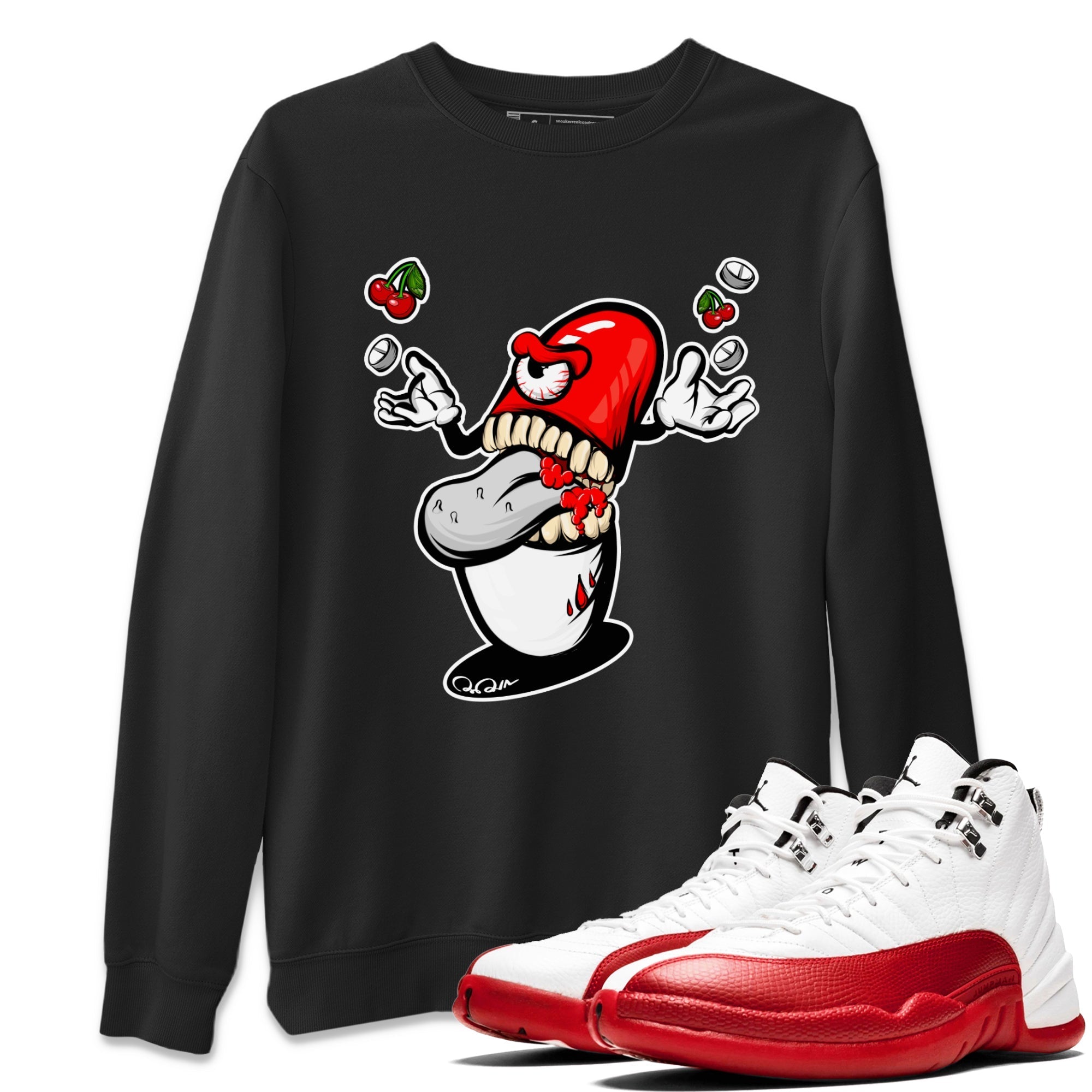 Air Jordan 12 Cherry Sneaker Match Tees Pill Monster Streetwear Sneaker Shirt AJ12 Cherry Sneaker Release Tees Unisex Shirts Black 1