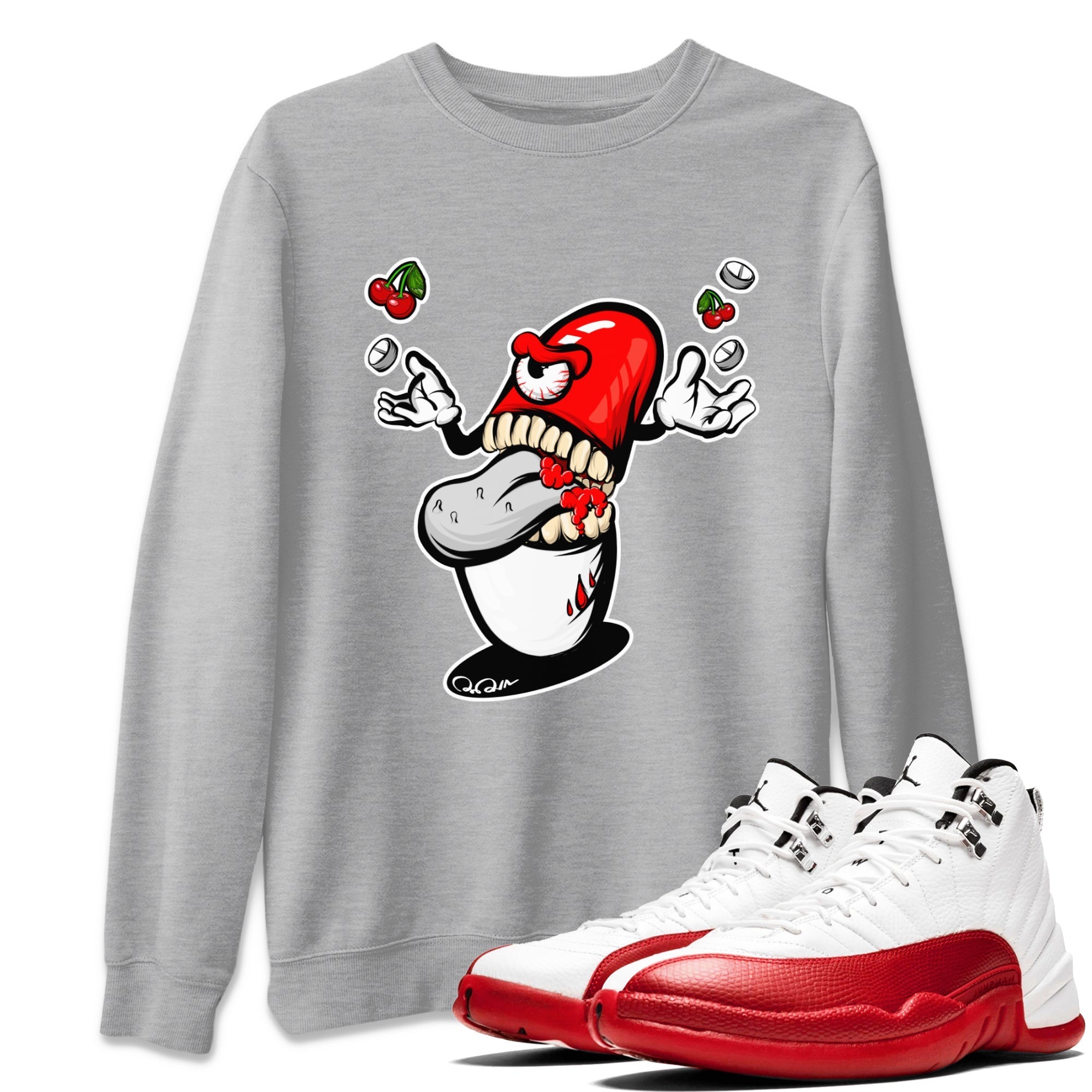 Air Jordan 12 Cherry Sneaker Match Tees Pill Monster Streetwear Sneaker Shirt AJ12 Cherry Sneaker Release Tees Unisex Shirts Heather Grey 1