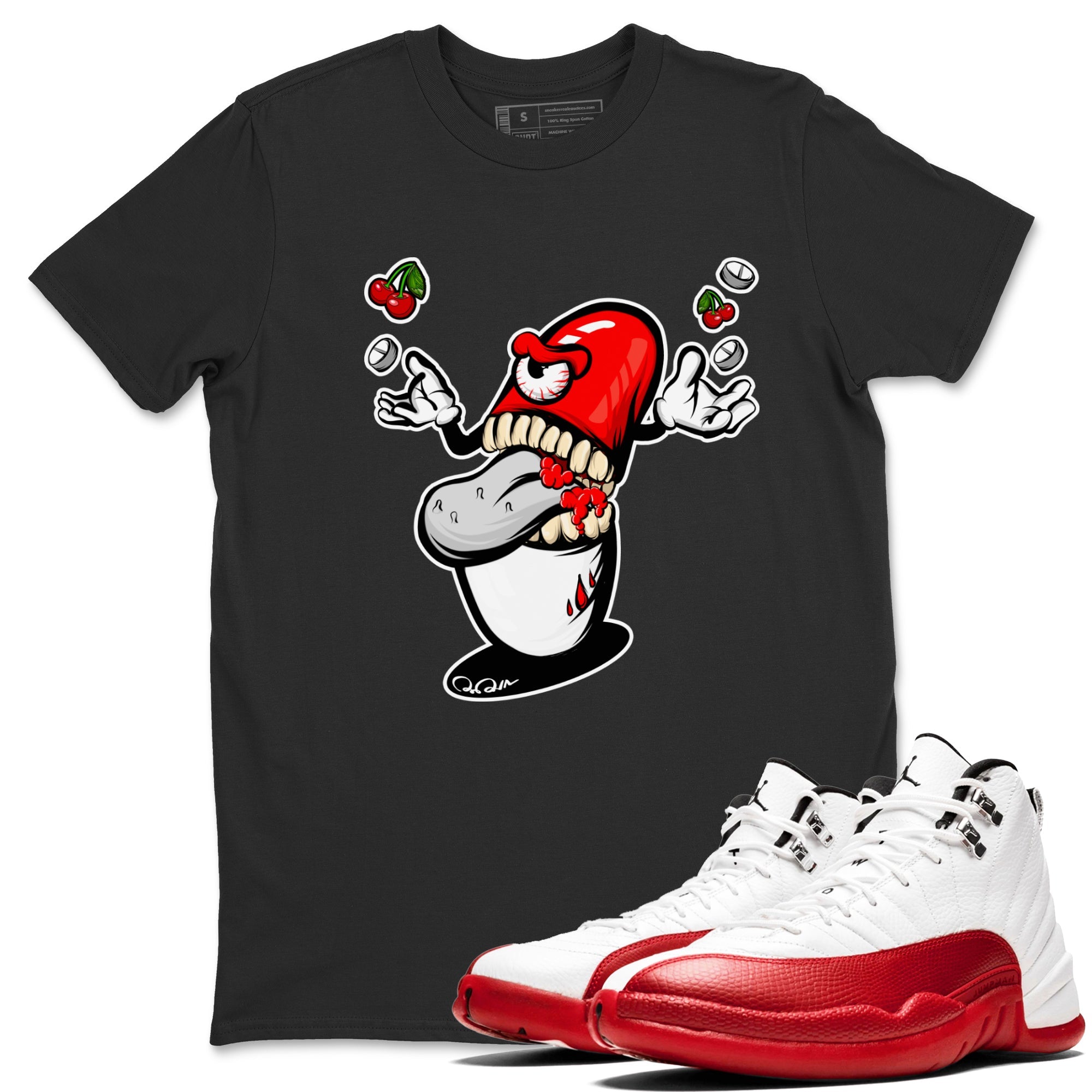 Air Jordan 12 Cherry Sneaker Match Tees Pill Monster Streetwear Sneaker Shirt AJ12 Cherry Sneaker Release Tees Unisex Shirts Black 1