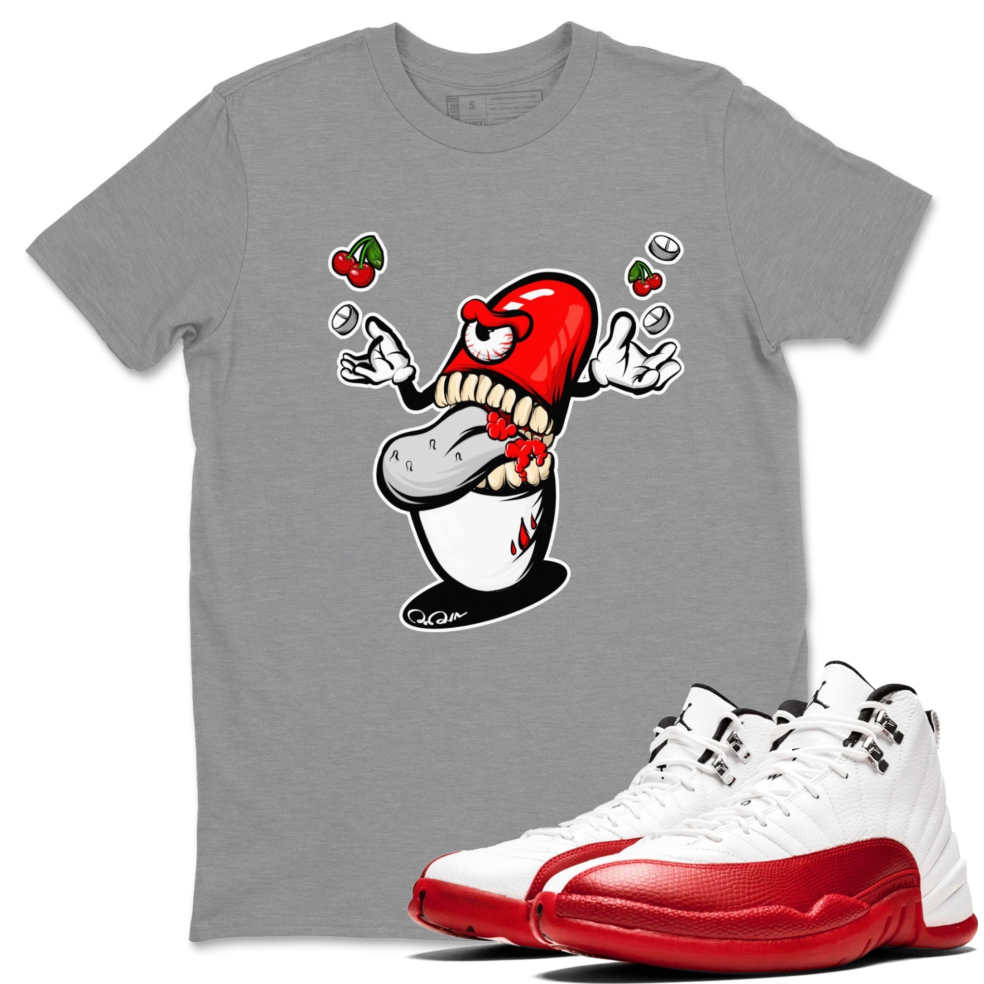 Air Jordan 12 Cherry Sneaker Match Tees Pill Monster Streetwear Sneaker Shirt AJ12 Cherry Sneaker Release Tees Unisex Shirts Heather Grey 1