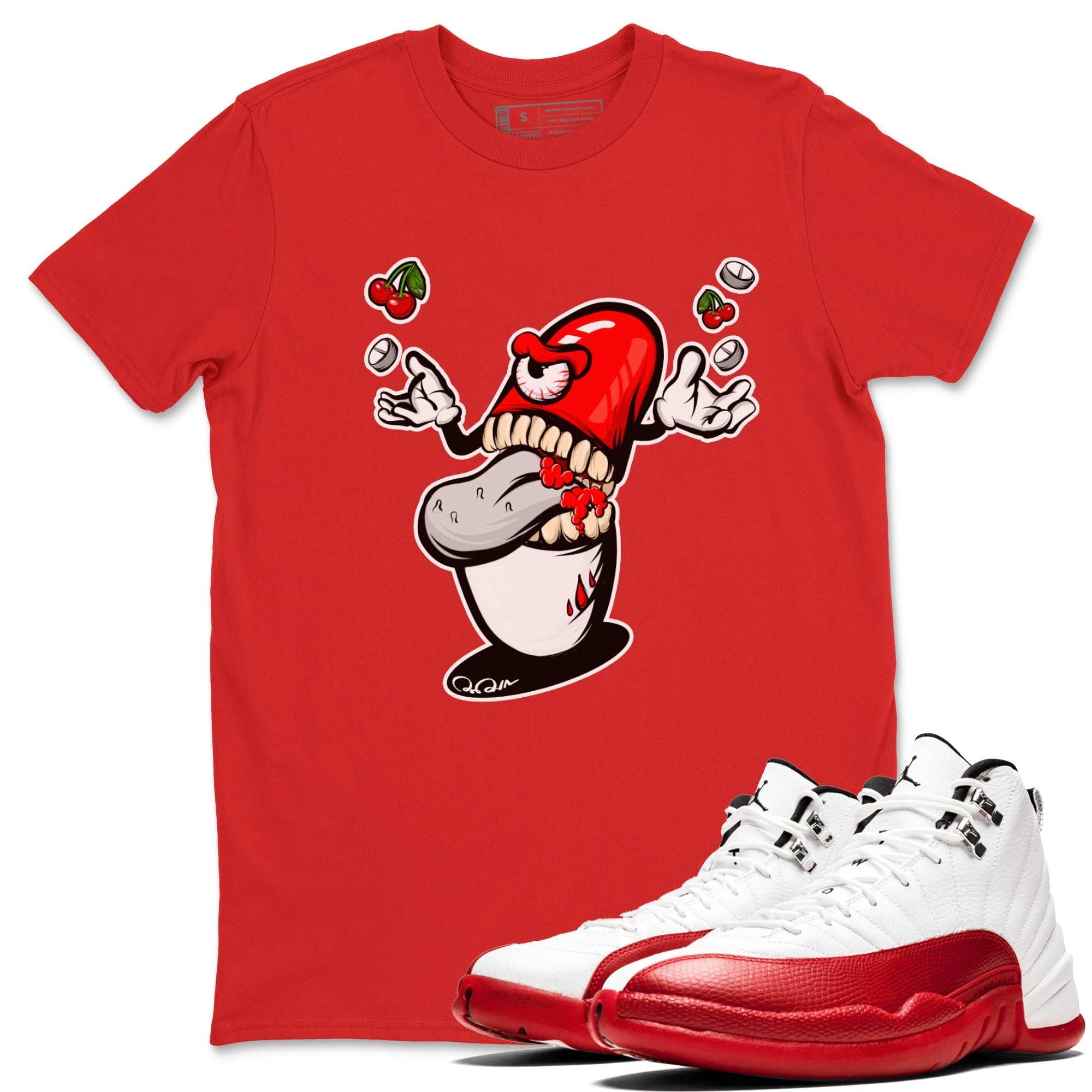 Air Jordan 12 Cherry Sneaker Match Tees Pill Monster Streetwear Sneaker Shirt AJ12 Cherry Sneaker Release Tees Unisex Shirts Red 1