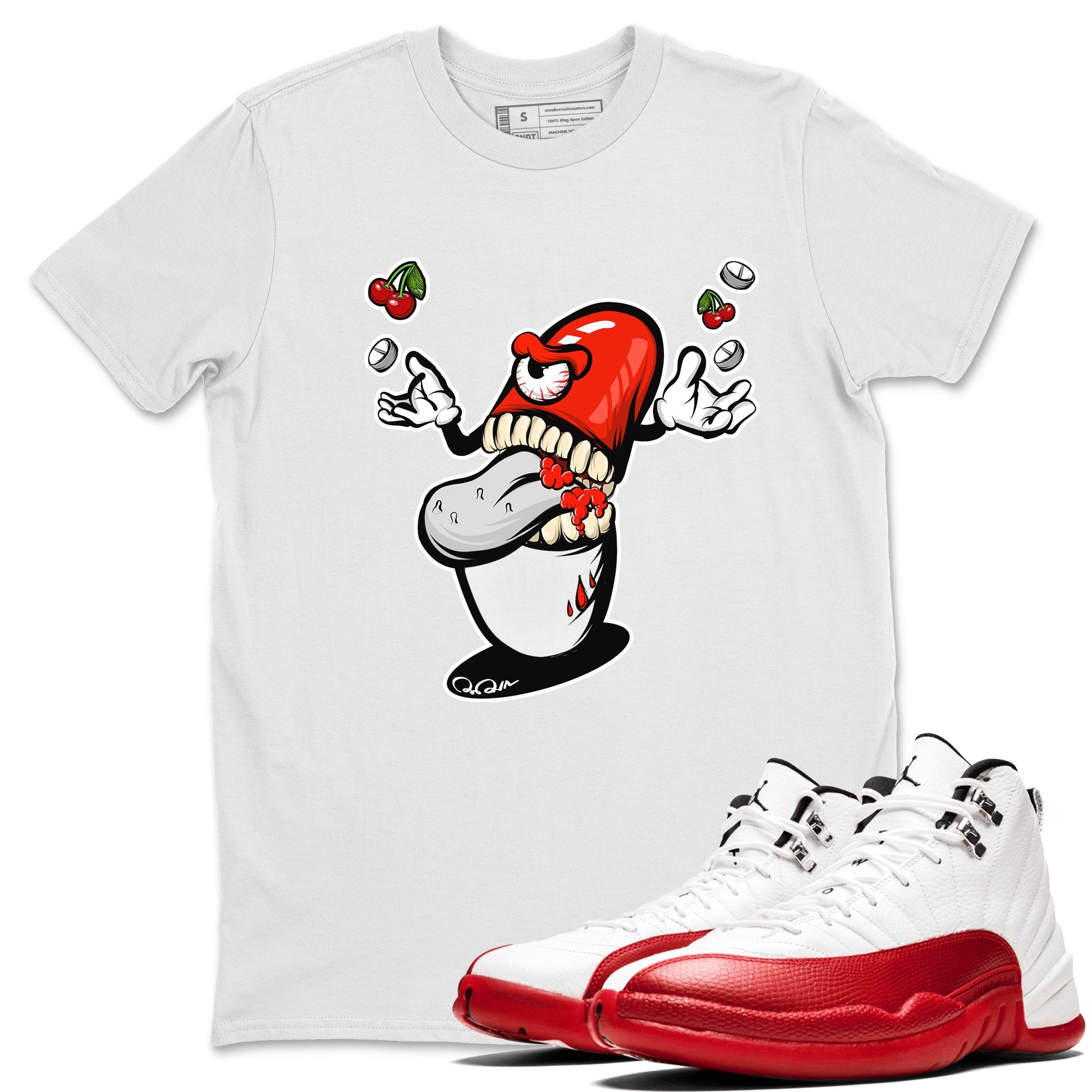 Air Jordan 12 Cherry Sneaker Match Tees Pill Monster Streetwear Sneaker Shirt AJ12 Cherry Sneaker Release Tees Unisex Shirts White 1