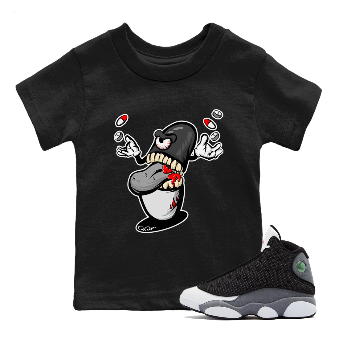 Air Jordan 13 Black Flint Sneaker Match Tees Pill Monster Streetwear Sneaker Shirt AJ13 Retro Black Flint Sneaker Release Tees Kids Shirts Black 1