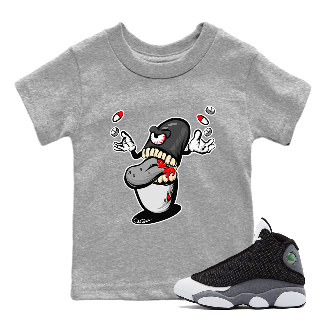 Air Jordan 13 Black Flint Sneaker Match Tees Pill Monster Streetwear Sneaker Shirt AJ13 Retro Black Flint Sneaker Release Tees Kids Shirts Heather Grey 1