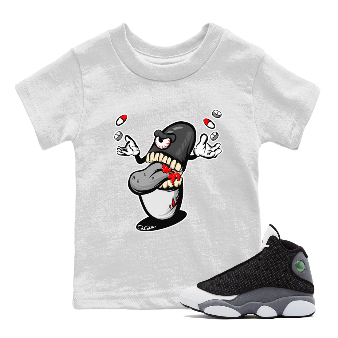 Air Jordan 13 Black Flint Sneaker Match Tees Pill Monster Streetwear Sneaker Shirt AJ13 Retro Black Flint Sneaker Release Tees Kids Shirts White 1